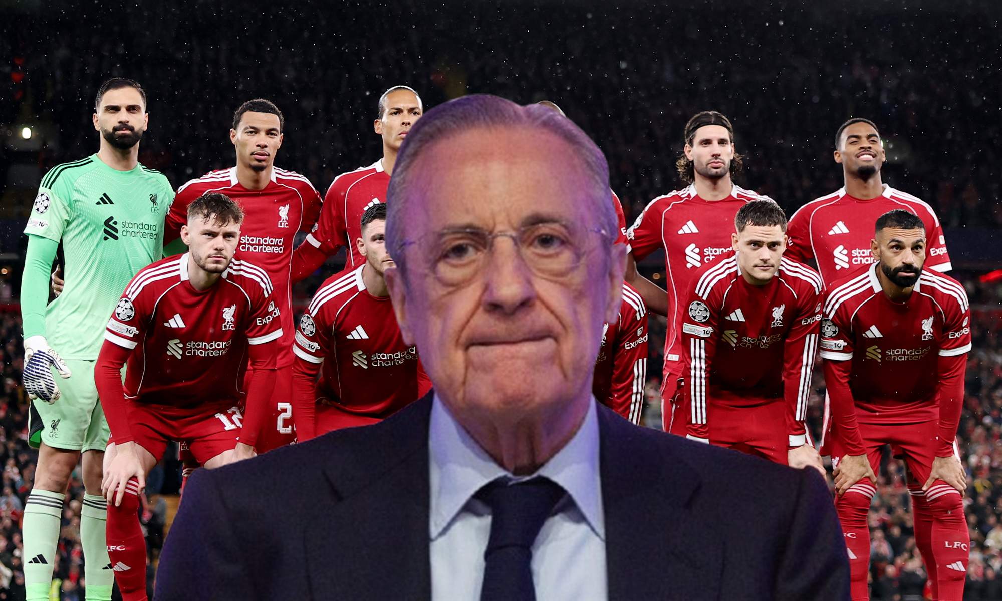 Florentino Pérez y el once del Liverpool. 
