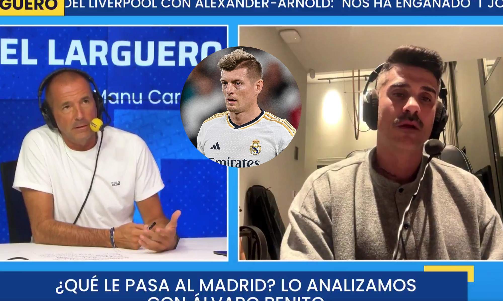 Álvaro Benito hablando en El Larguero y una foto de Toni Kroos. Álvaro Benito hablando en El Larguero y una foto de Toni Kroos.