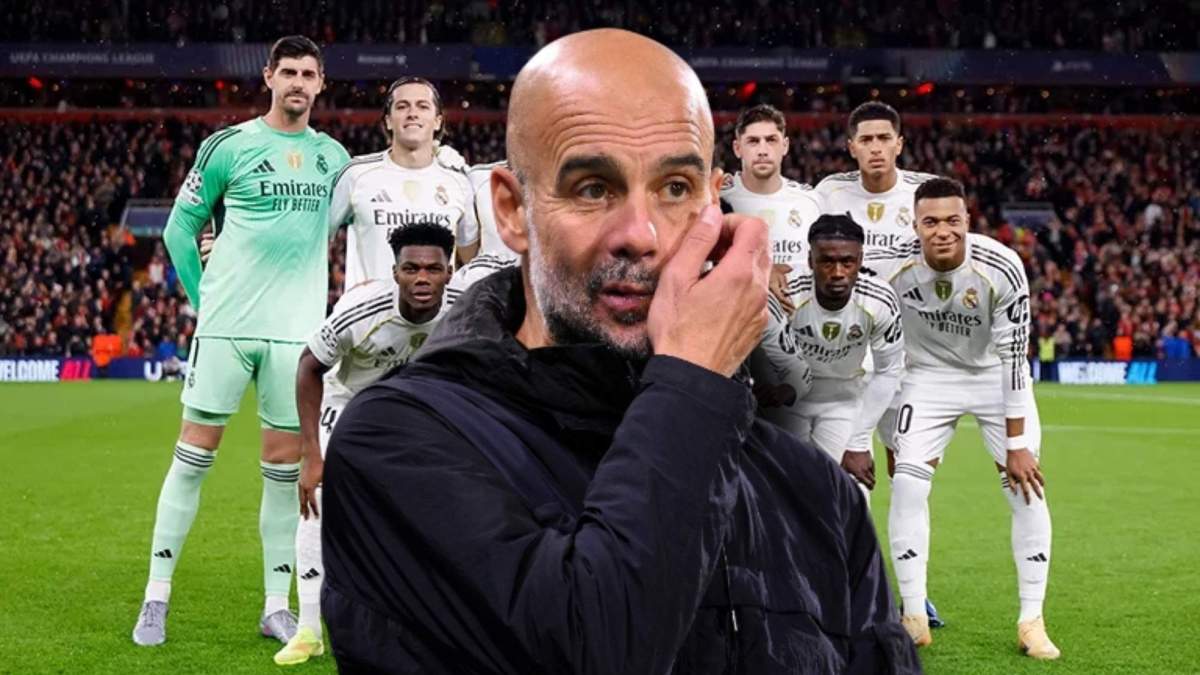 Pep Guardiola con plantilla Real Madrid de fondo