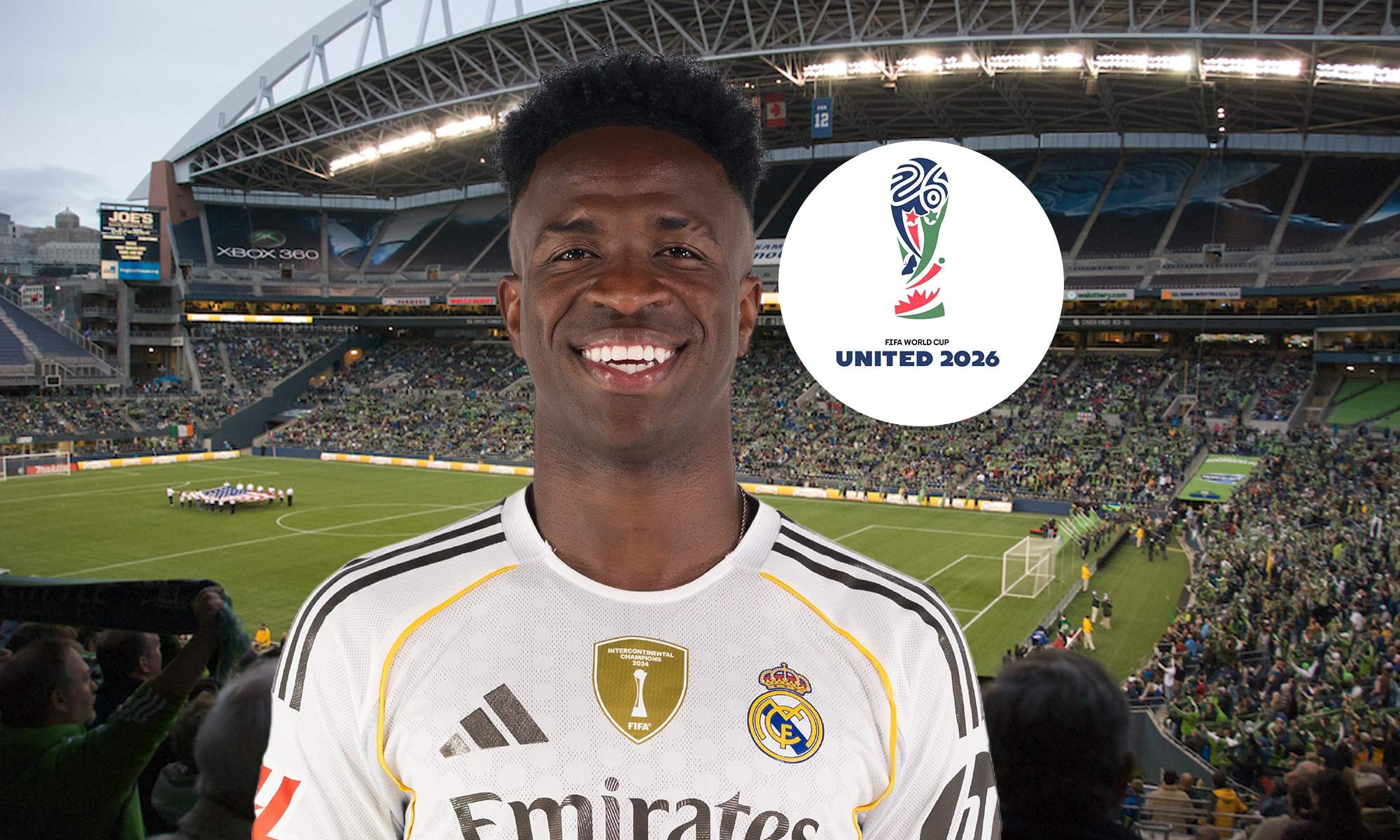 Vinícius Júnior, un campo de Estados Unidos y el logo del Mundial de 2026.