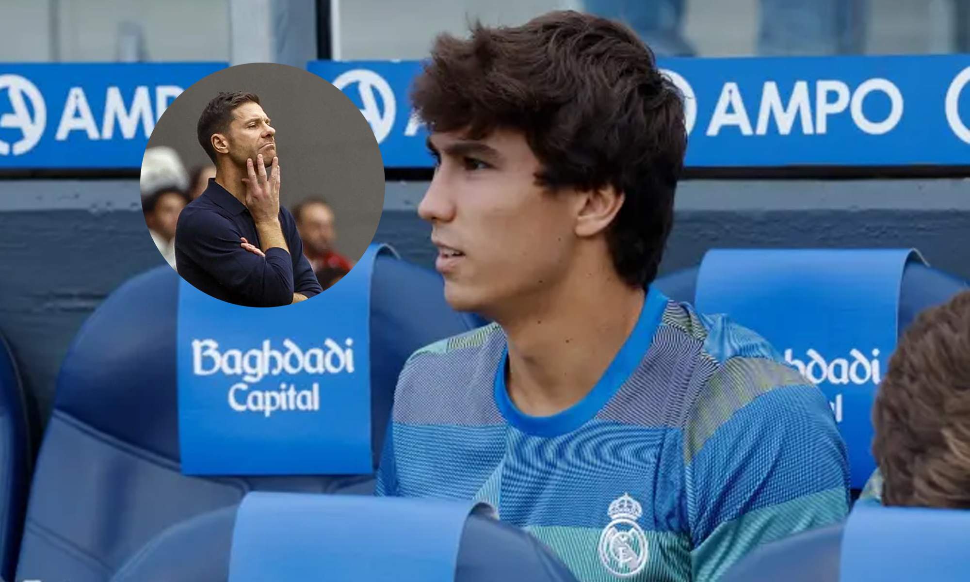 Gonzalo García en el banquillo del Real Madrid y una foto de Xabi Alonso.