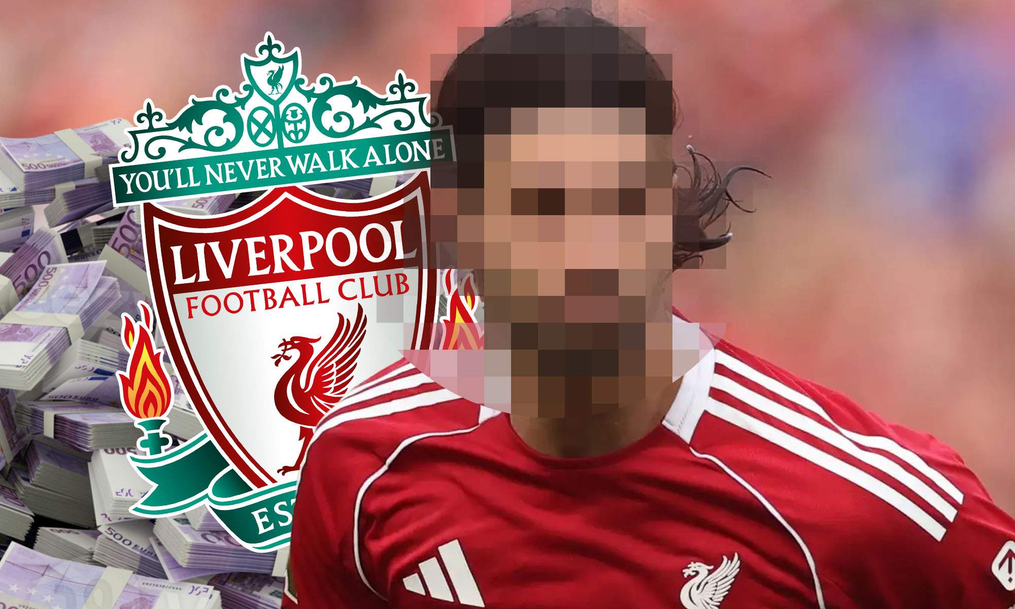 Jugador incognito con escudo Liverpool y fondo dinero