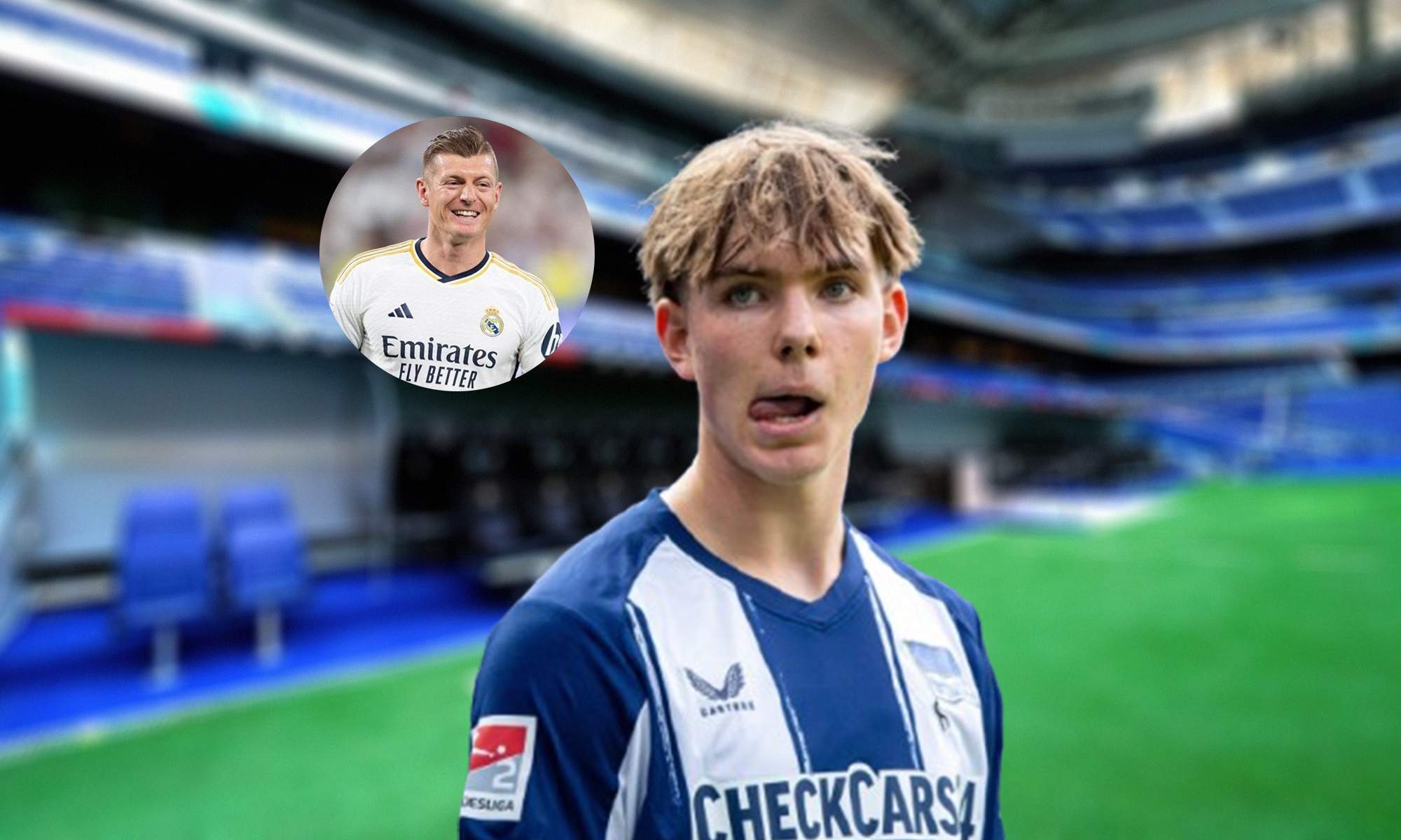 Kennet Eichhorn con la camiseta del Hertha, una foto de Toni Kroos y el Santiago Bernabéu.