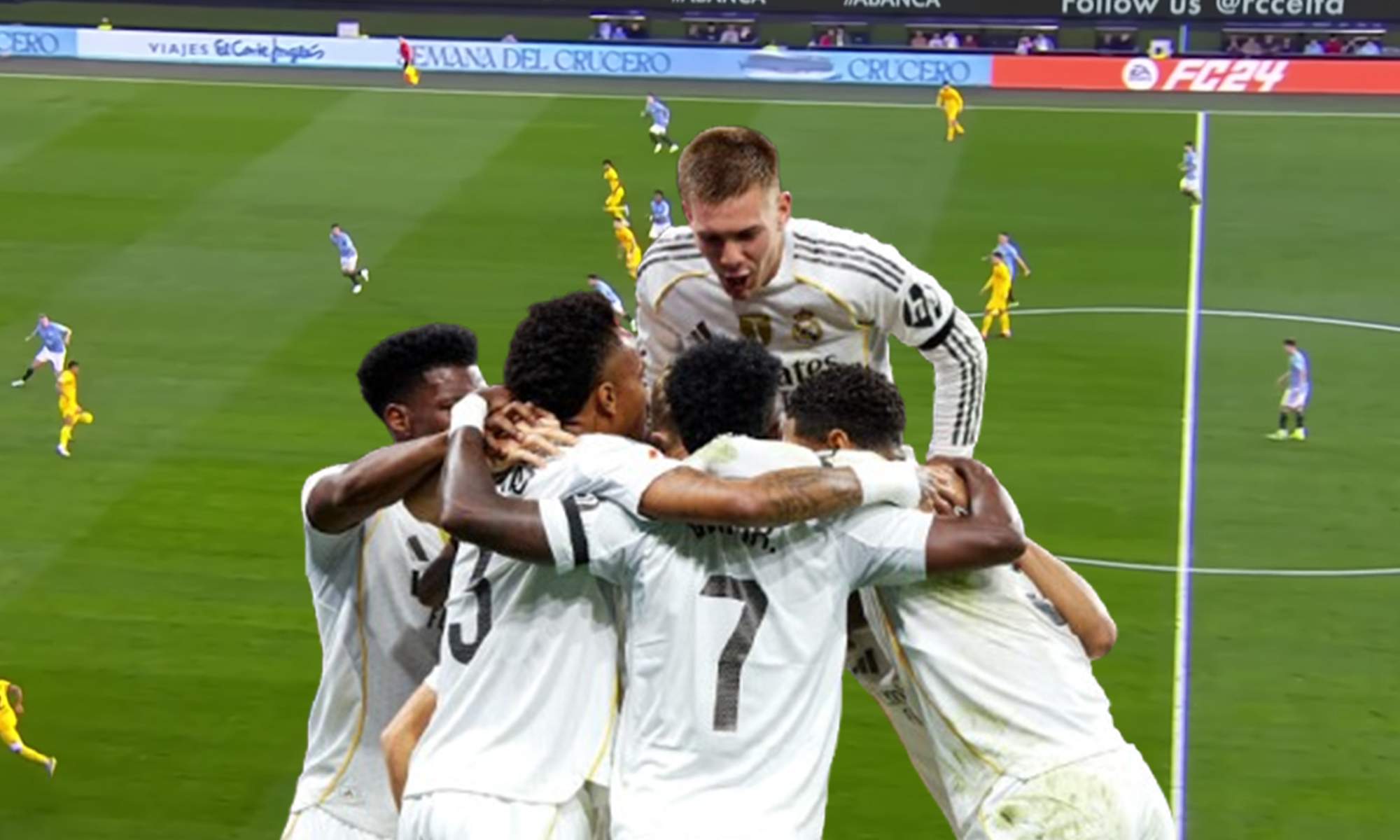 Jugadores del Real Madrid y una captura del Celta de Vigo - Barcelona. 