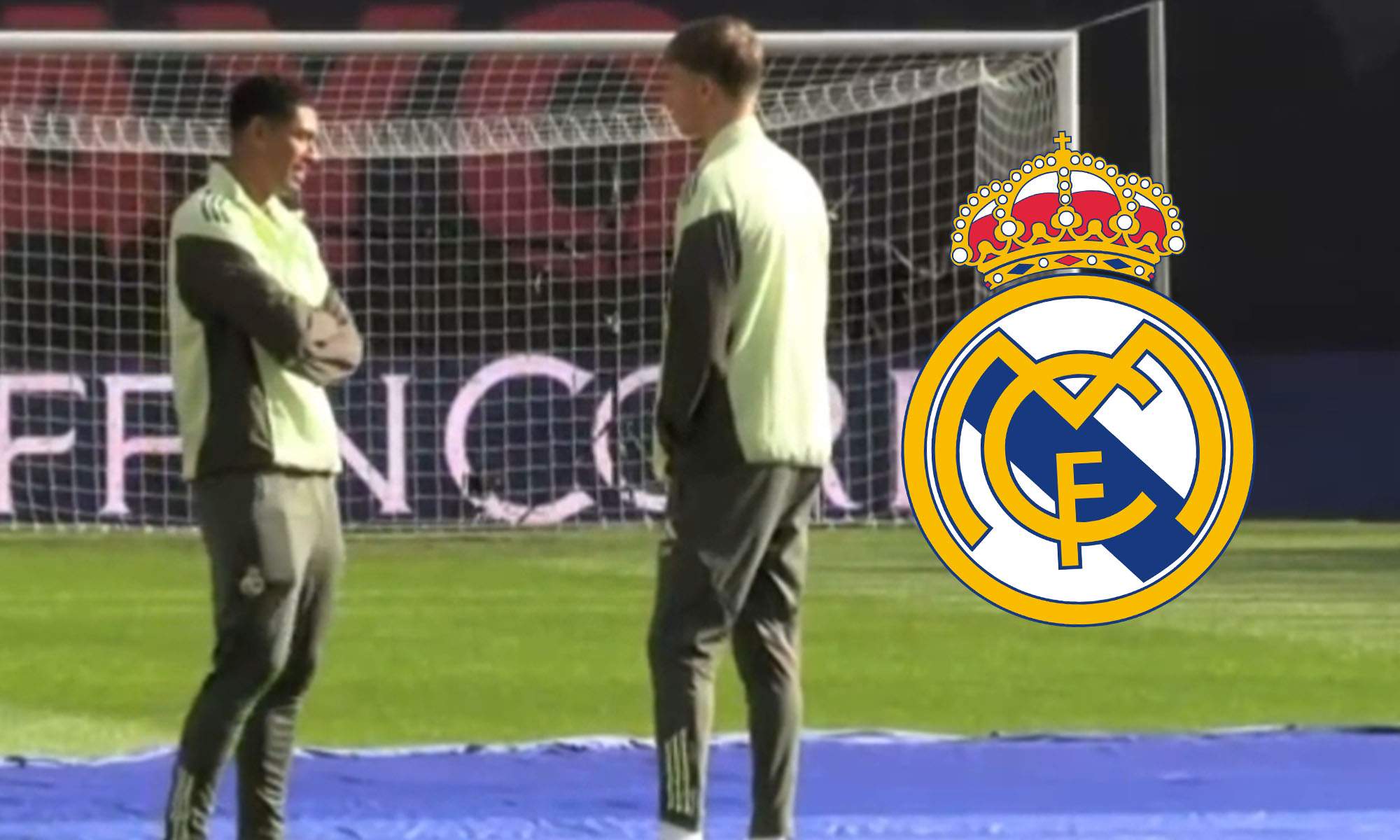 Bellingham y Huijsen sobre el cesped de Vallecas y escudo Real Madrid