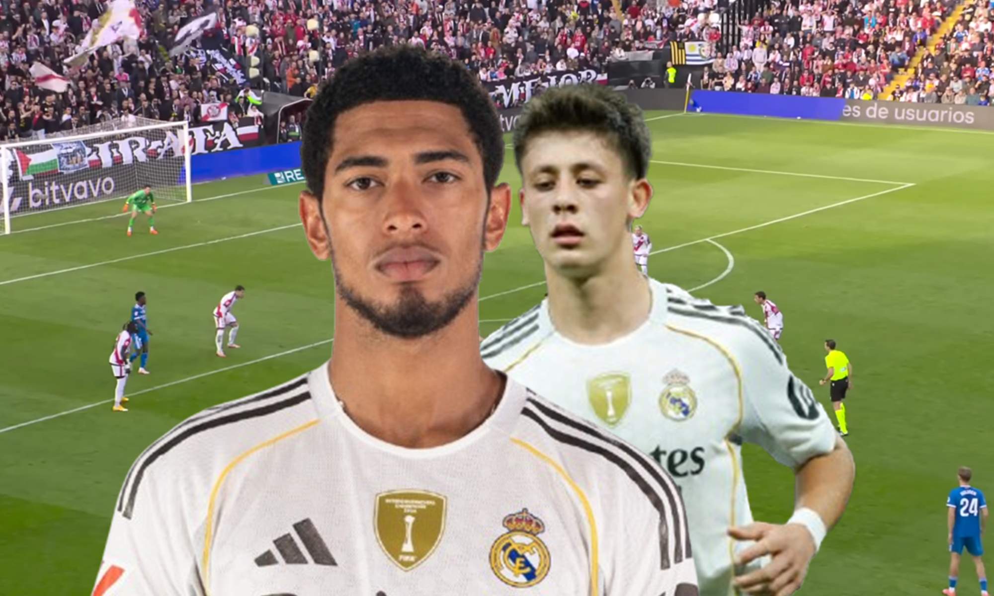 Jude Bellingham, Arda Güler y una captura del Rayo Vallecano - Real madrid.