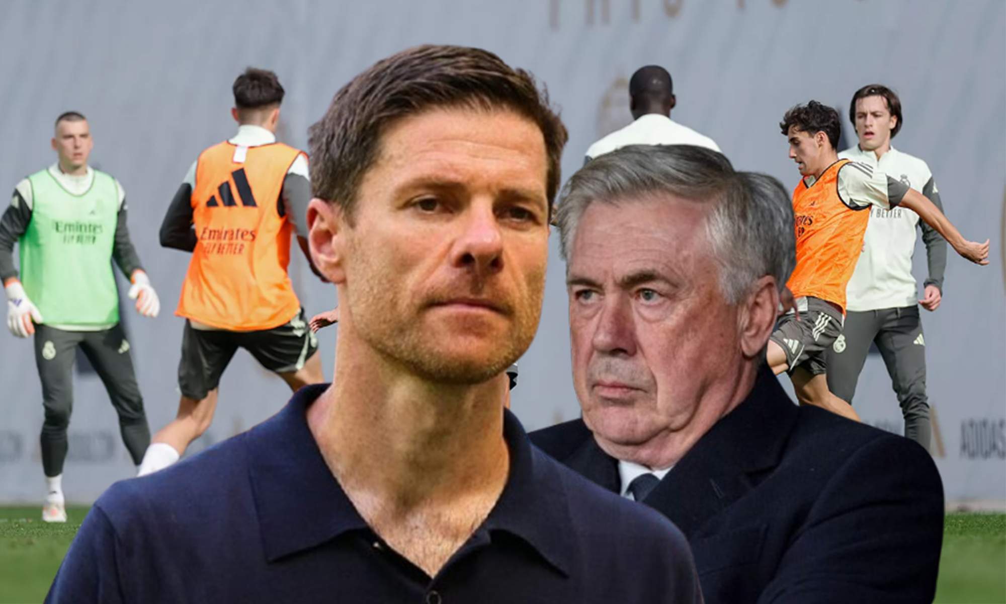 Xabi Alonso, Carllo Ancelotti y jugadores del Real Madrid en un entrenamiento. 
