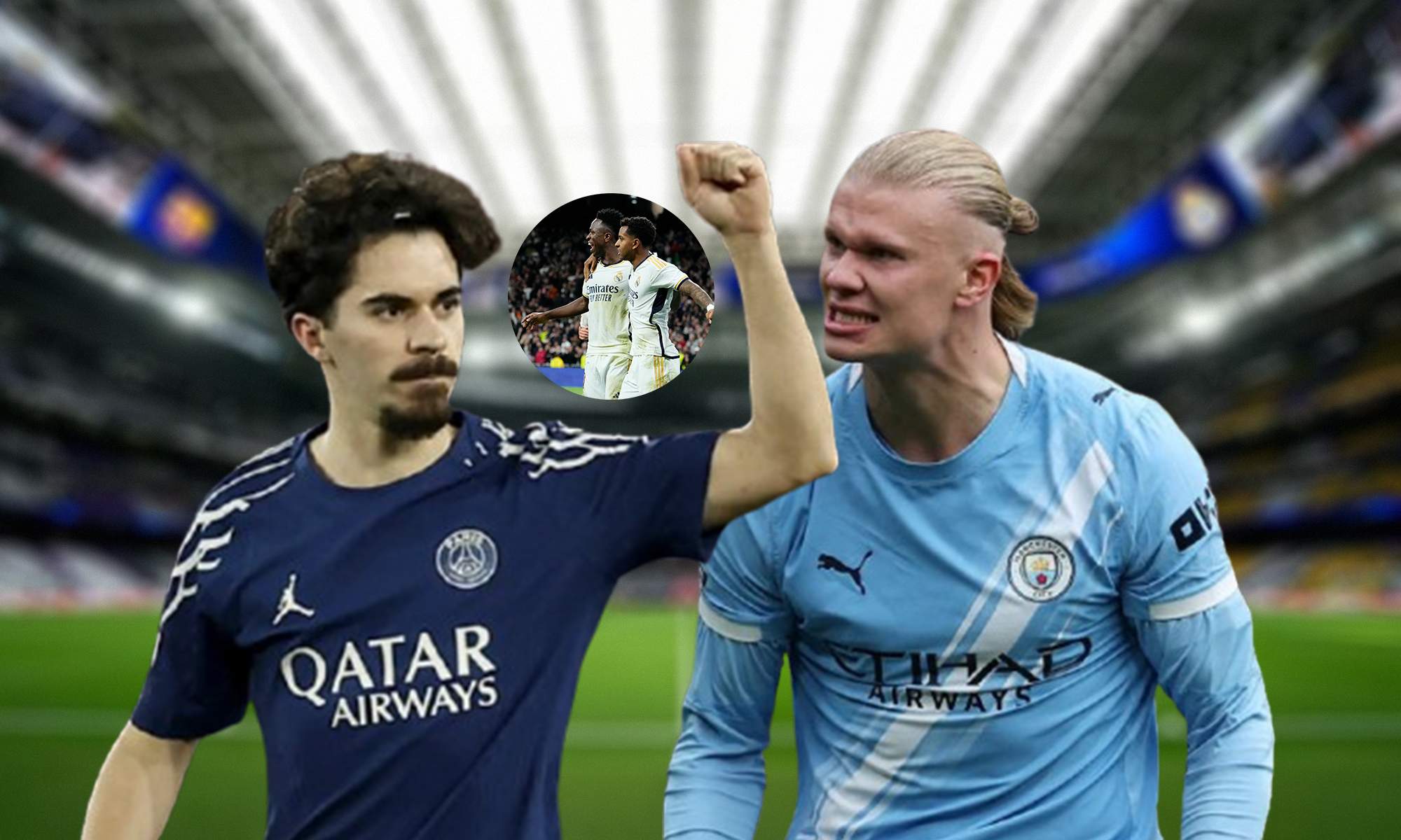 Erling Haaland, Vitinha y una foto de Vinícius y Rodrygo.