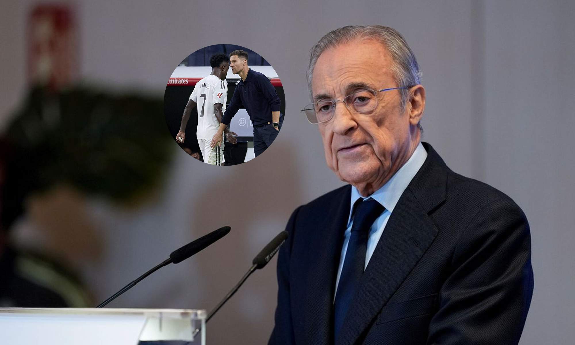 Florentino Pérez y una foto de Vinícius Júnior y Xabi Alonso. 