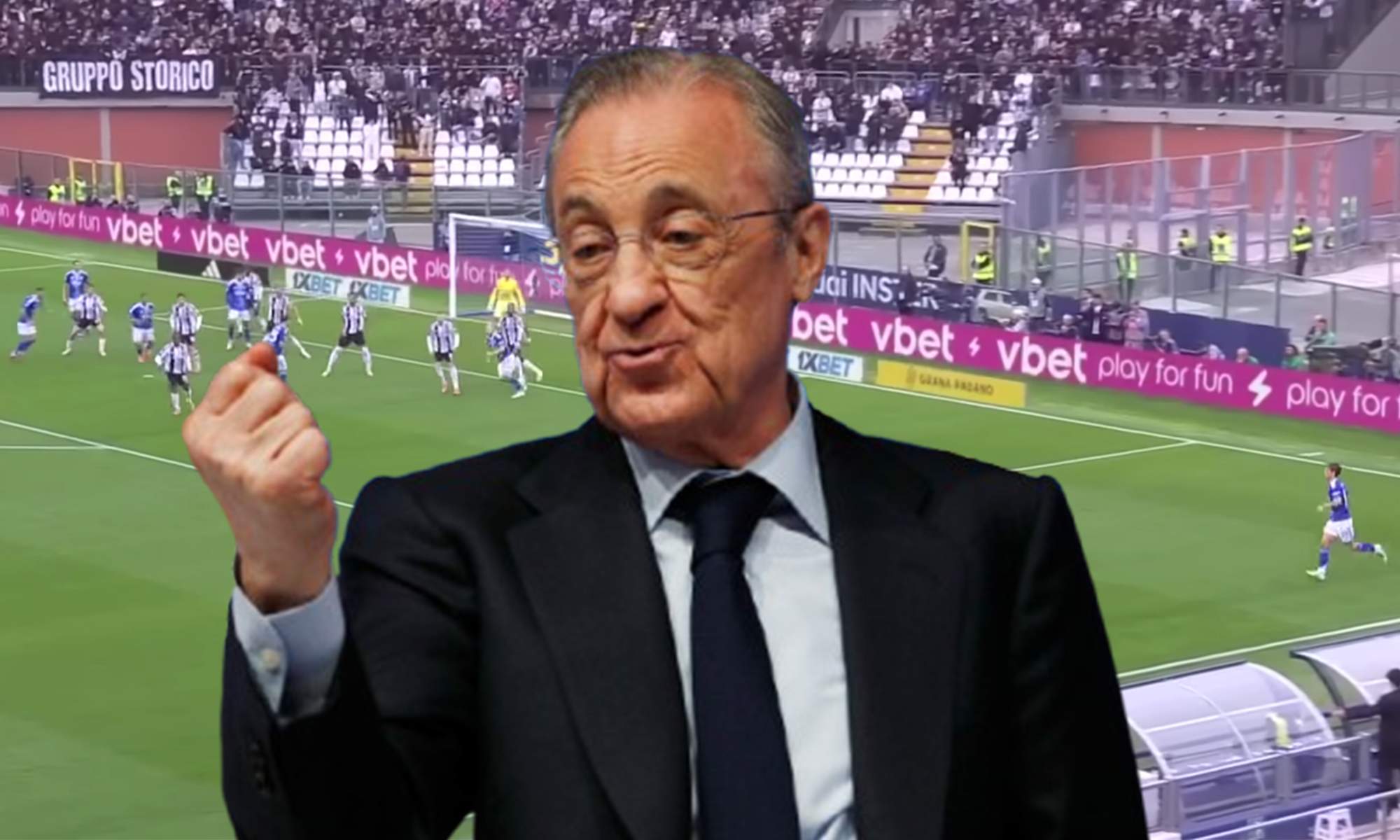 Florentino Pérez y una foto del Como - Juventus.