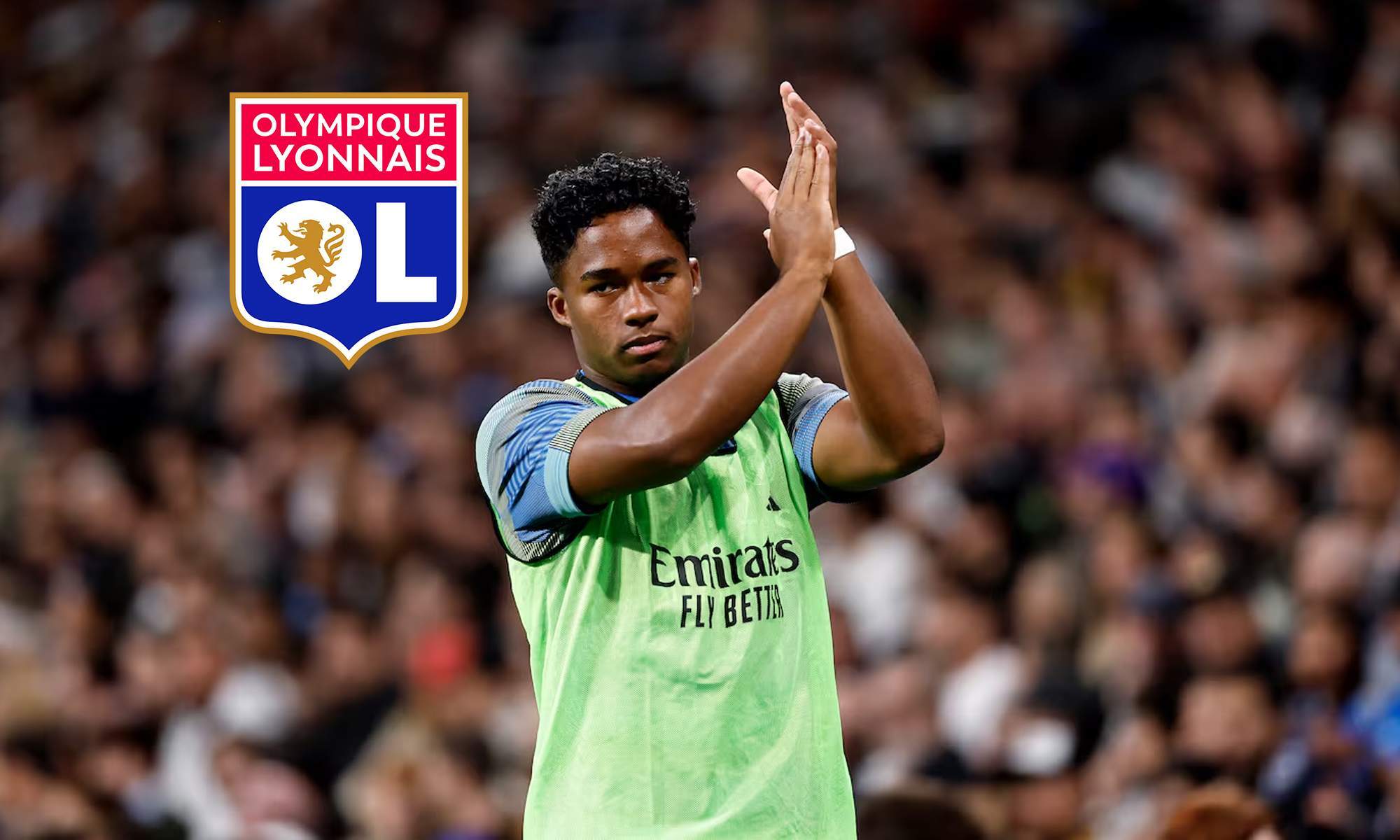 Endrick durante un calentamiento y el escudo del Olympique de Lyon. Endrick durante un calentamiento y el escudo del Olympique de Lyon.