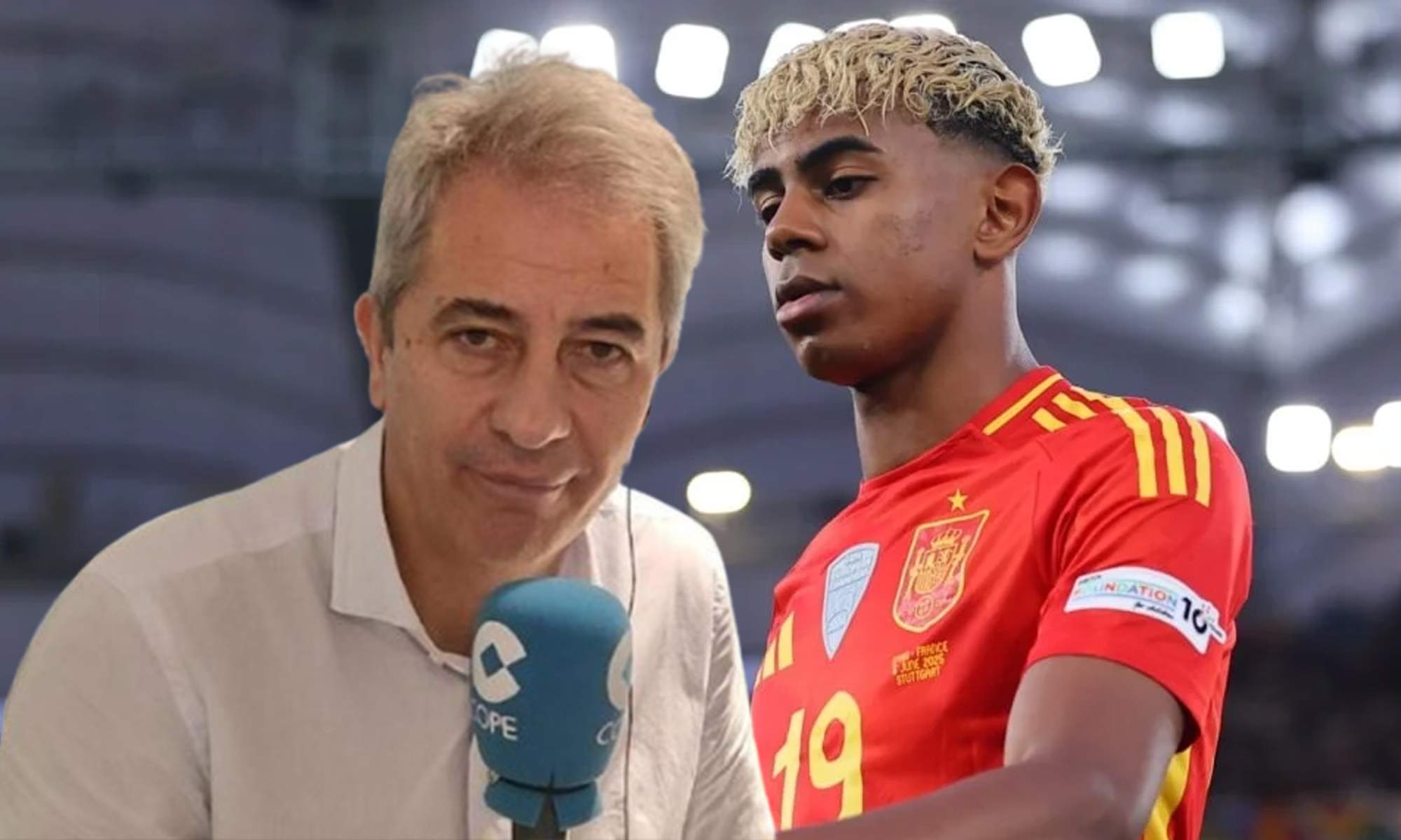 Manolo Lama con el micrófono de COPE y una foto de Lamine Yamal con España. 