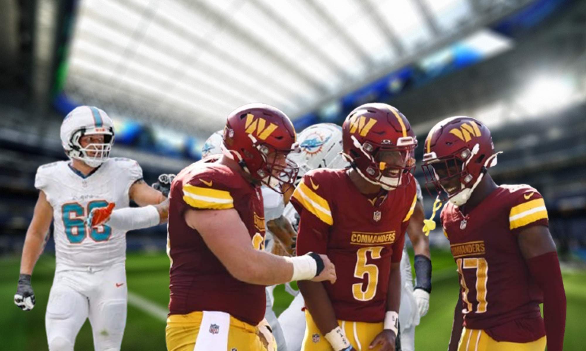 Jugadores de Dolphins y Commanders y el Santiago Bernabéu.