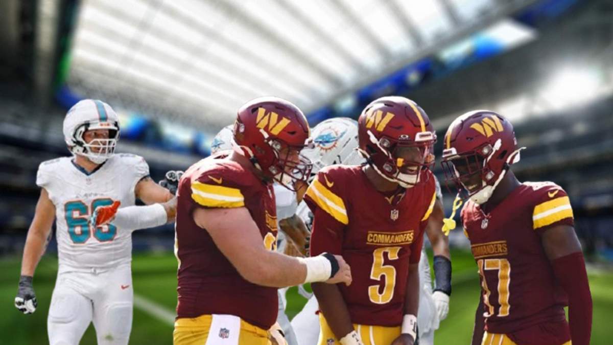 Jugadores de Dolphins y Commanders y el Santiago Bernabéu.