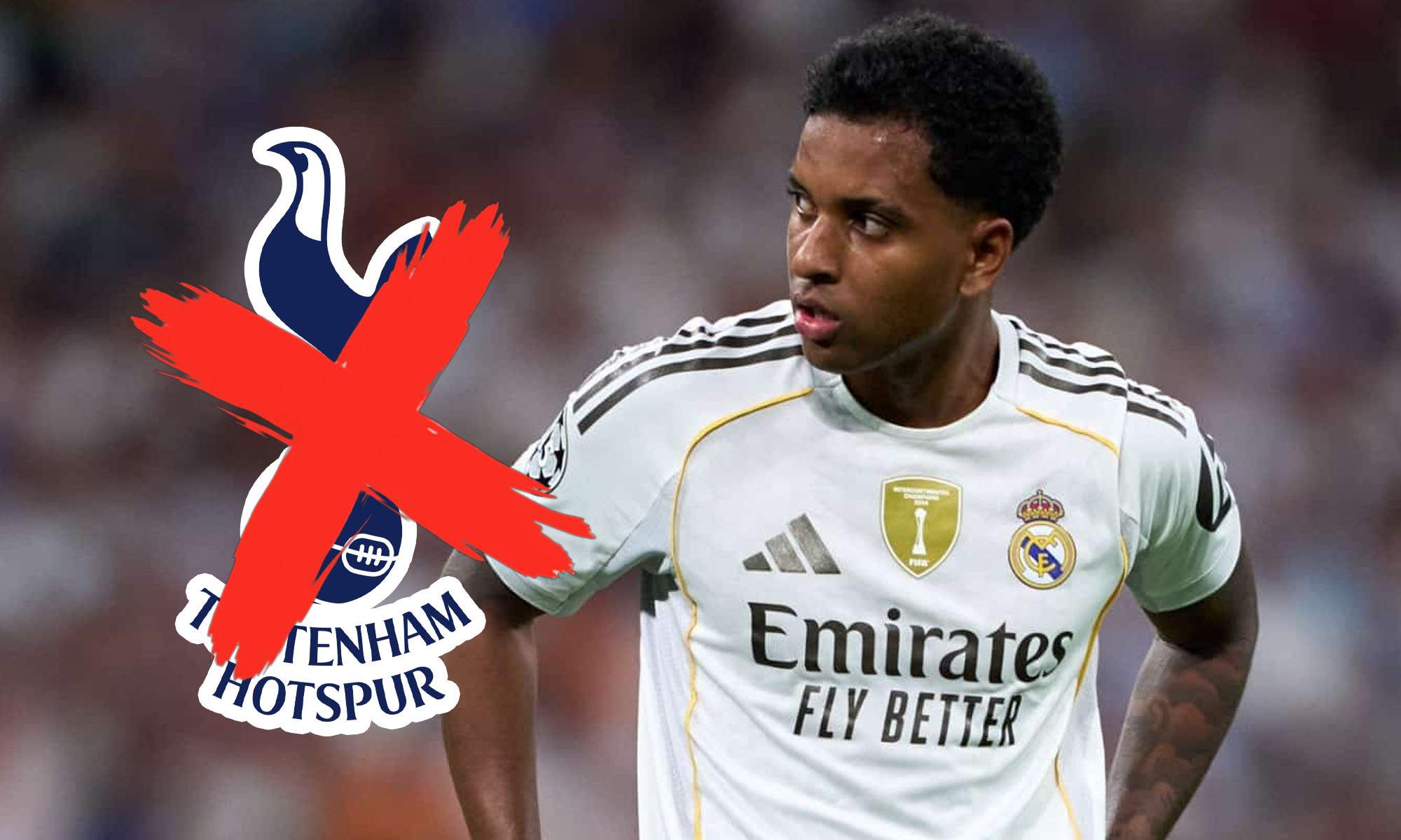 Rodrygo con escudo Tottenham tachado