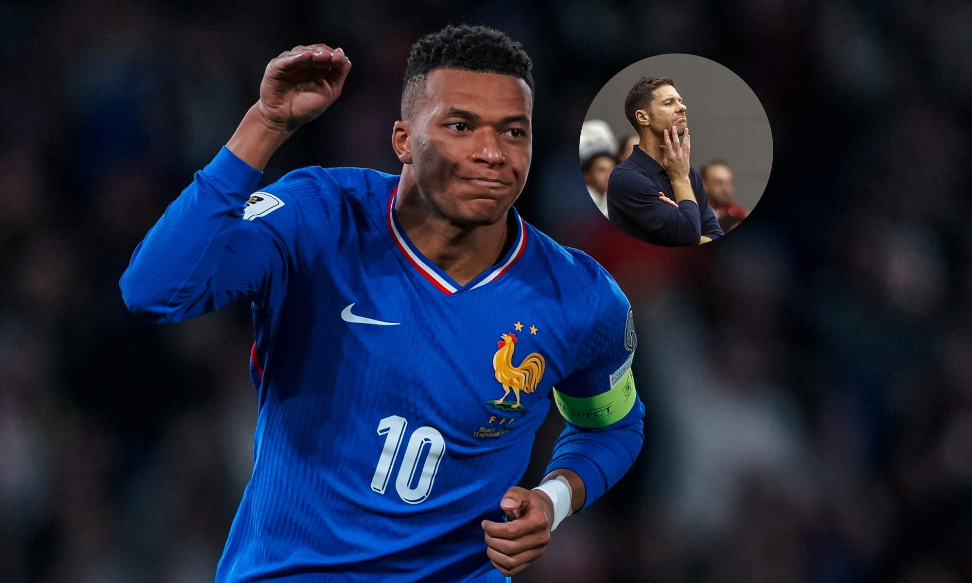 Kylian Mbappé celebrando un gol con Francia y una foto de Xabi Alonso. Kylian Mbappé celebrando un gol con Francia y una foto de Xabi Alonso.