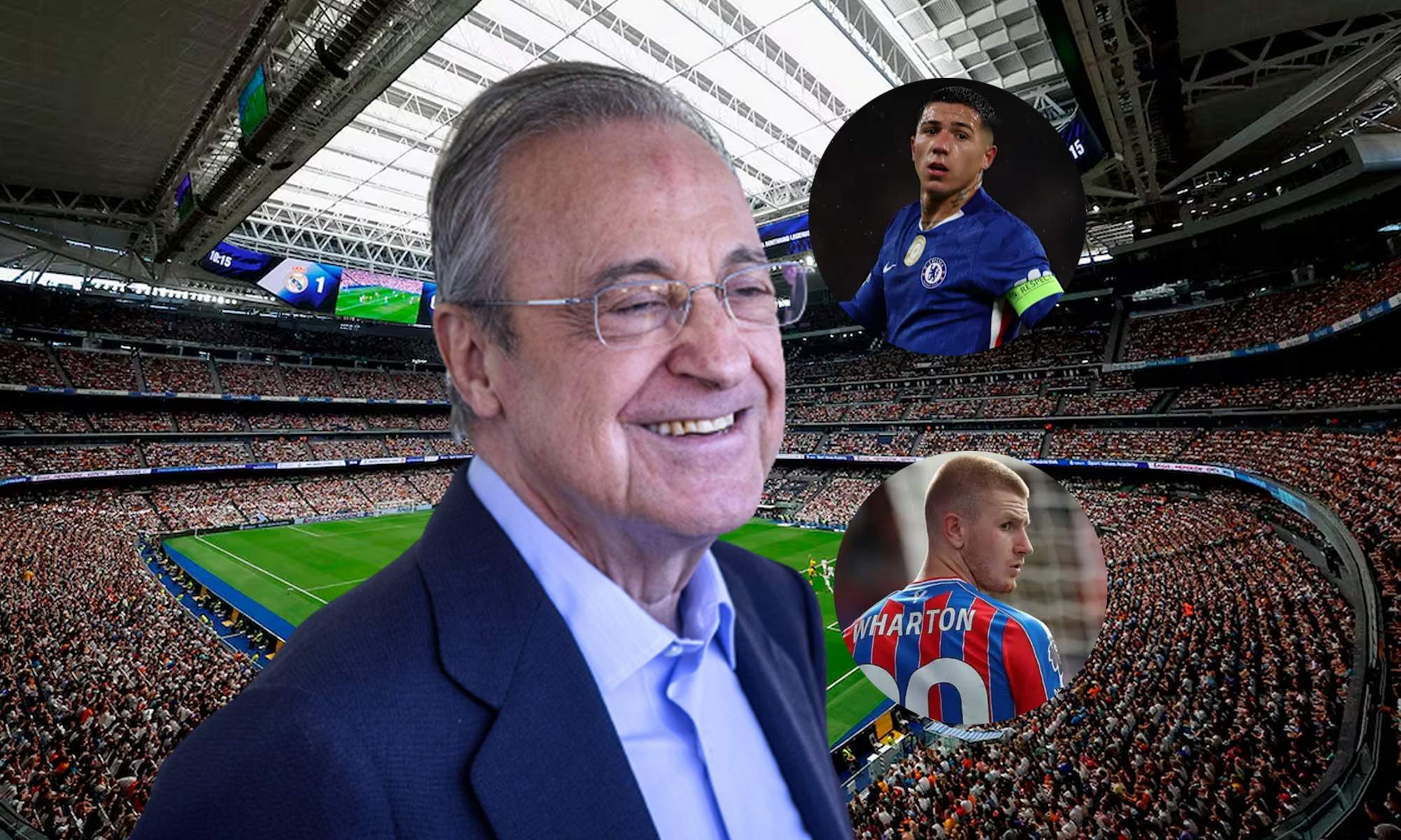 Florentino Pérez y una foto de Enzo Fernández y Adam Wharton.