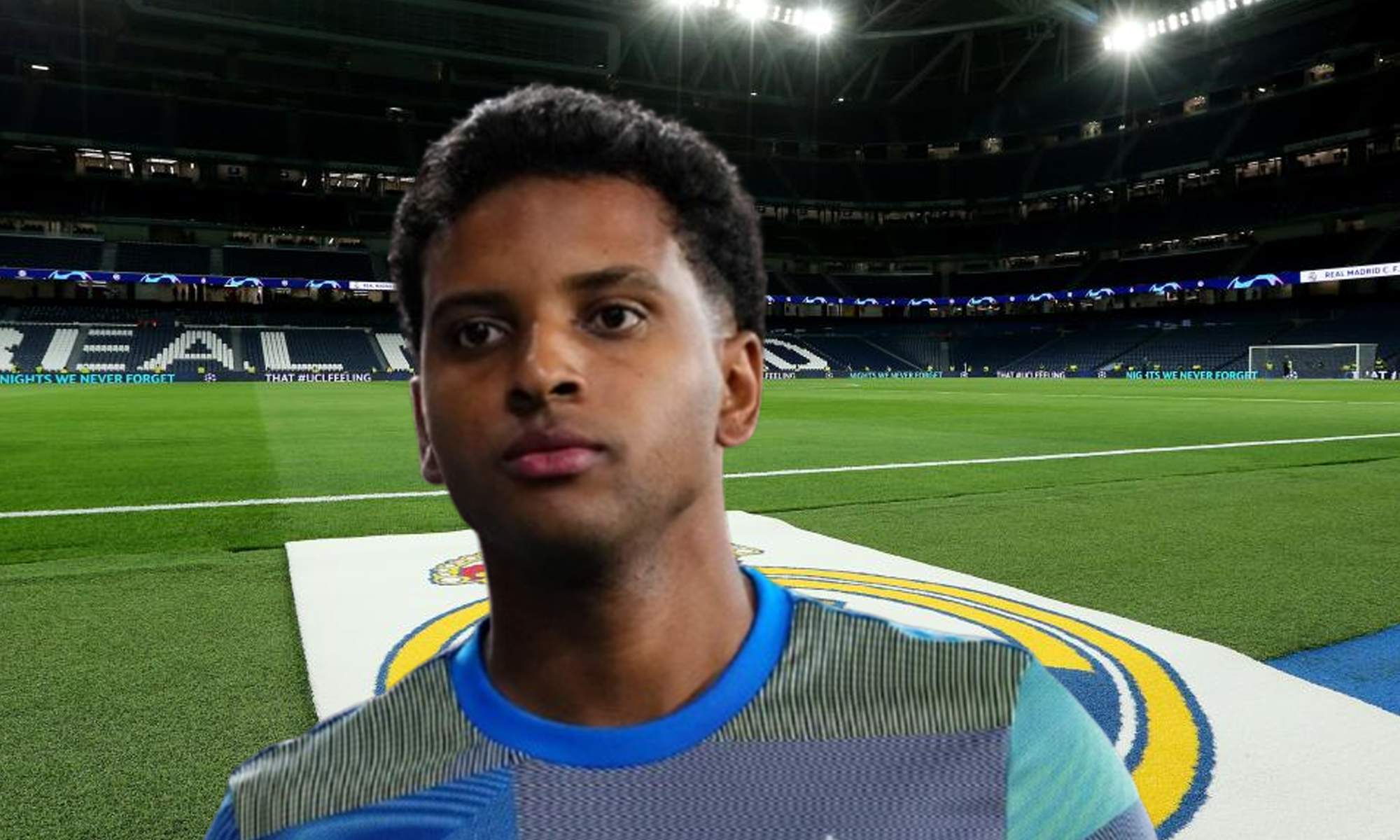 Rodrygo Goes con una sudadera del Real Madrid y el Santiago Bernabéu. Rodrygo Goes con una sudadera del Real Madrid y el Santiago Bernabéu.