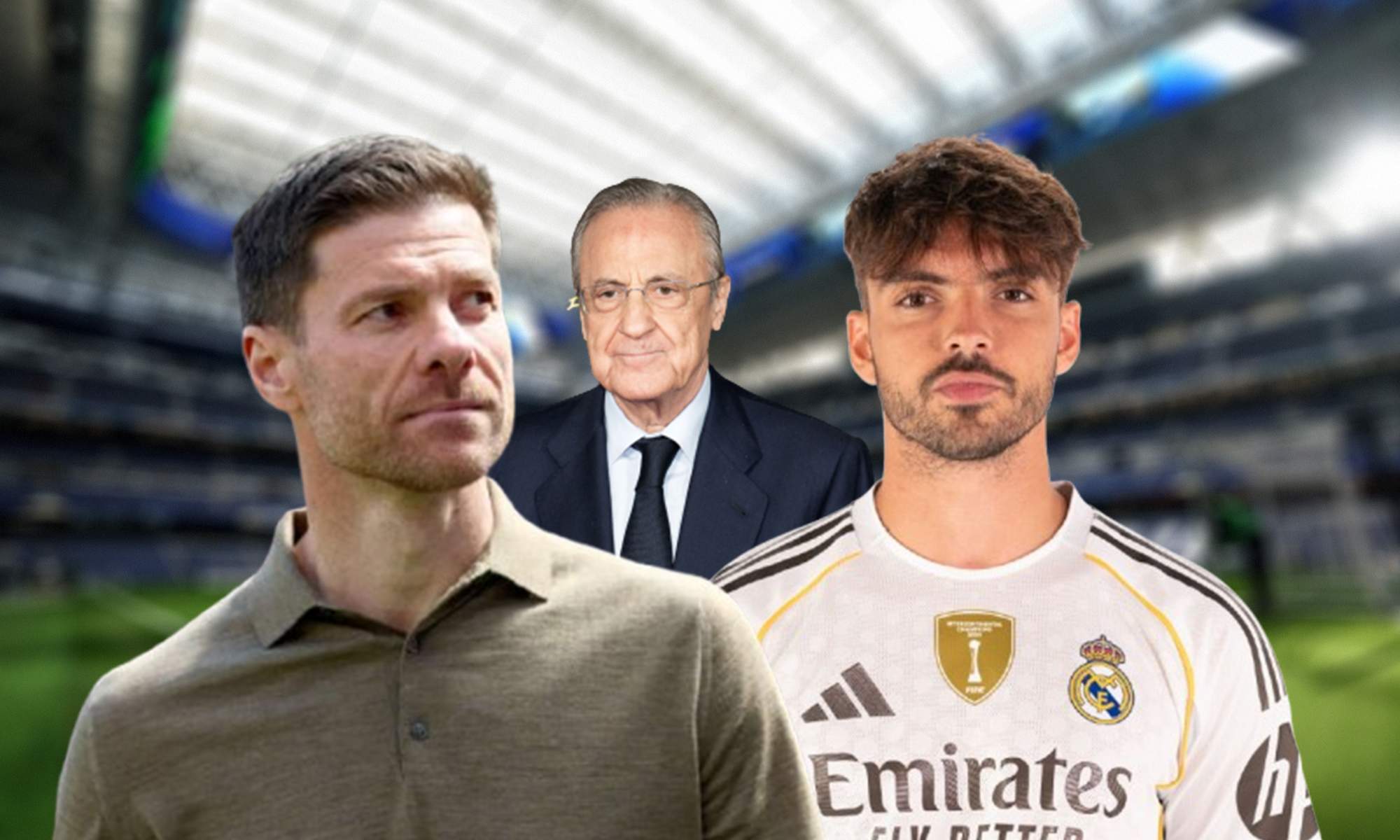 Xabi Alonso, Raúl Asencio, Florentino Pérez y el Santiago Bernabéu. Xabi Alonso, Raúl Asencio, Florentino Pérez y el Santiago Bernabéu.