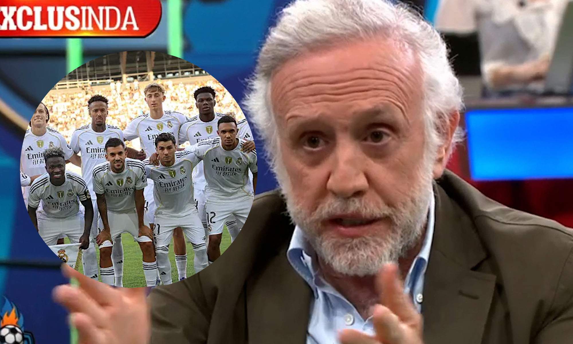 Eduardo Inda con plantilla del Real Madrid a un costado Eduardo Inda con plantilla del Real Madrid a un costado