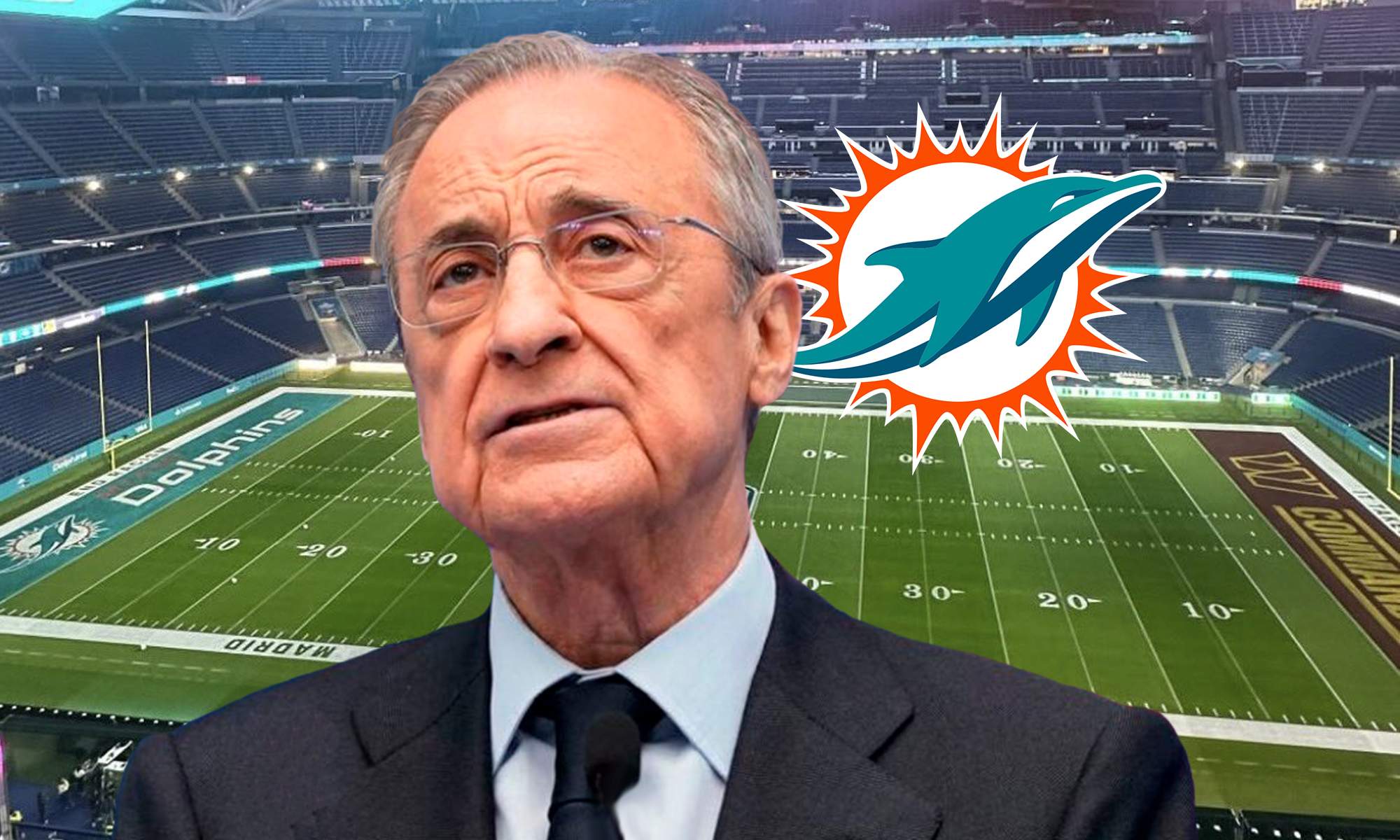 Florentino Pérez, el logo de los Dolphins Miami y el Santiago Bernabéu.