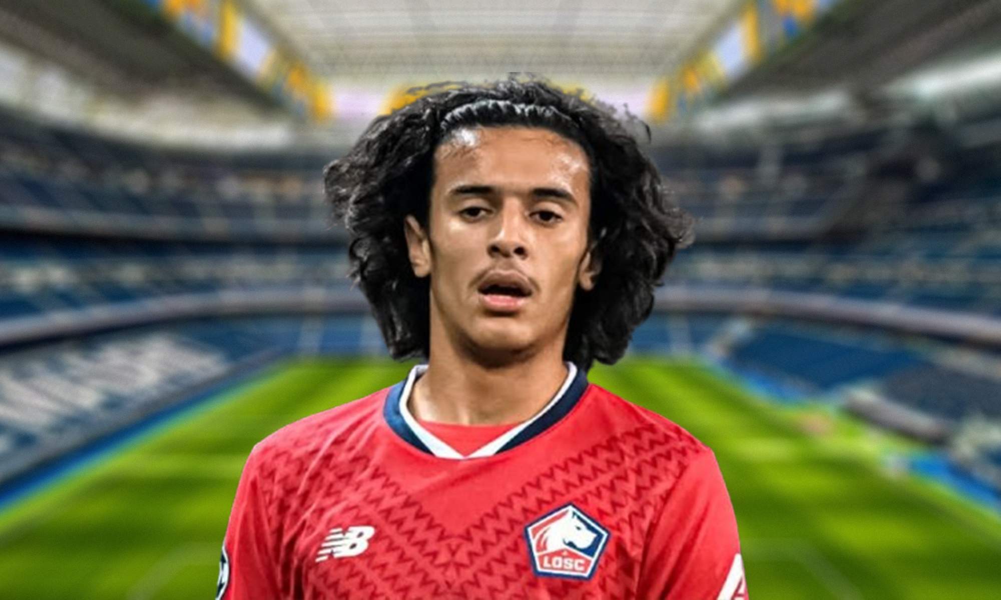 Ayyoub Bouaddi con la camiseta del Lille y el Santiago Bernabéu.