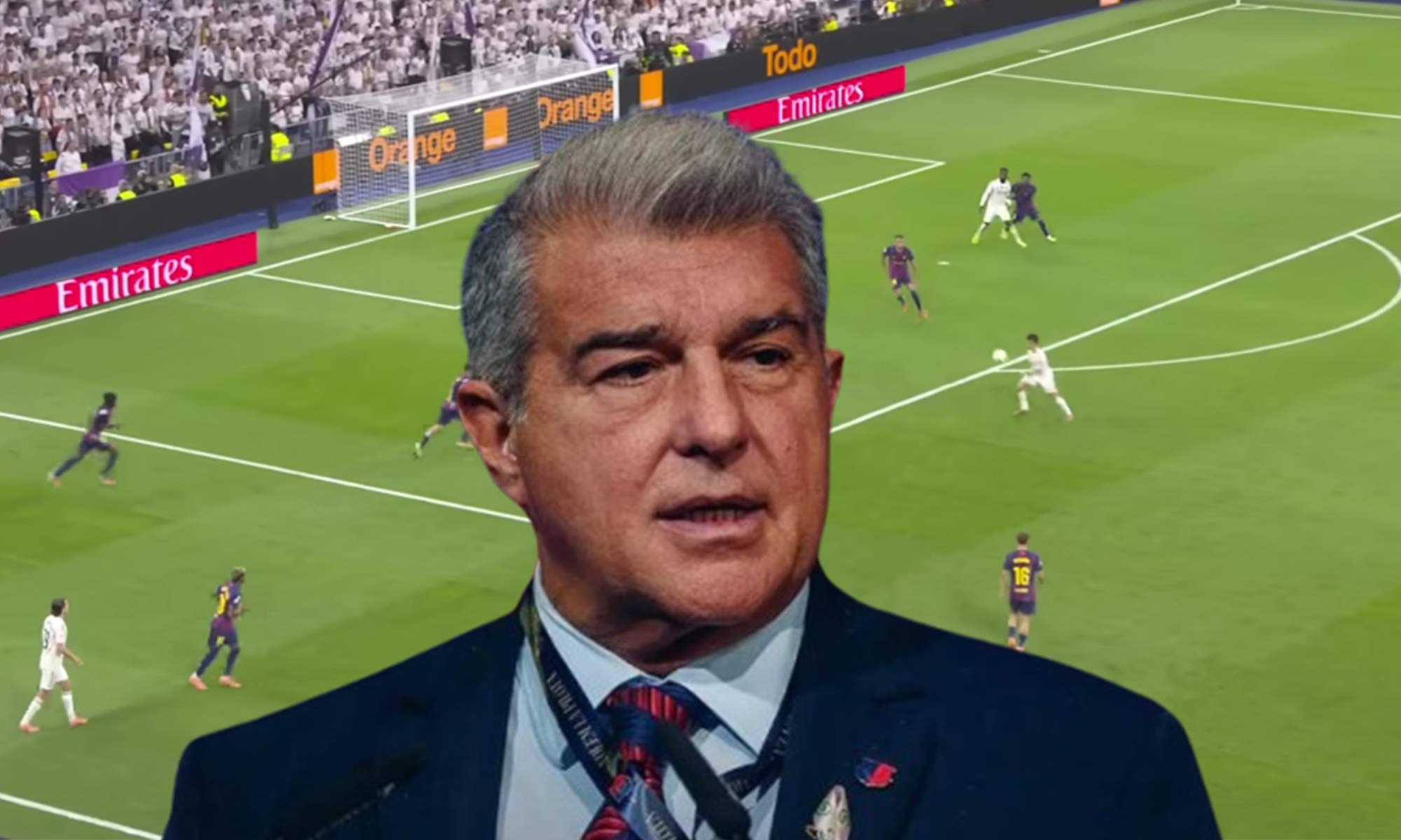 Joan Laporta y una captura del Real Madrid - Barcelona. 