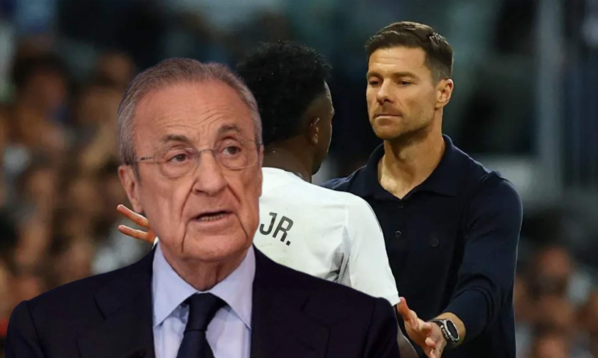 Florentino Pérez y Vinícius Júnior y Xabi Alonso durante un cambio.