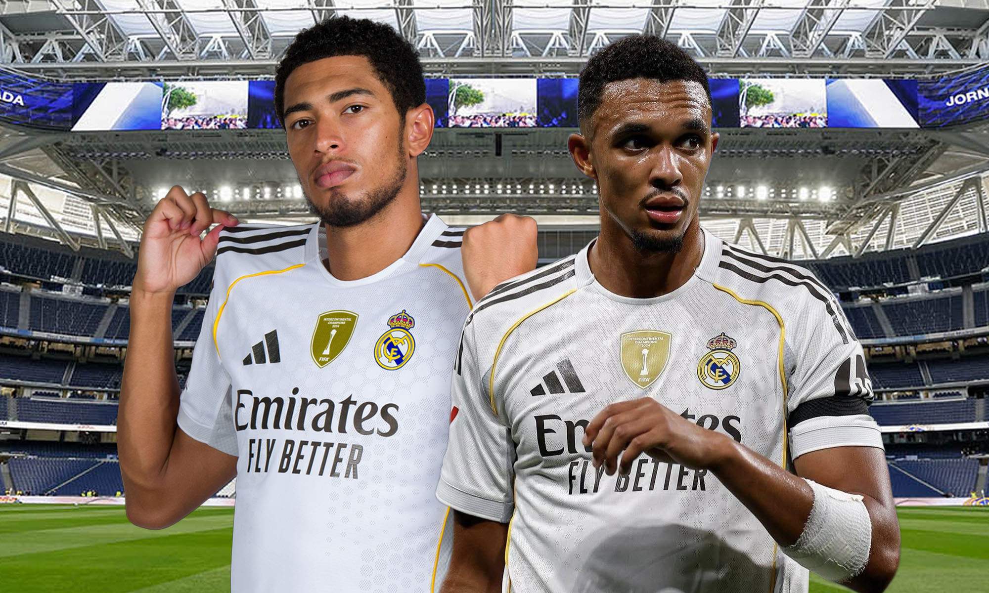 Bellingham y Arnold con fondo Bernabeu