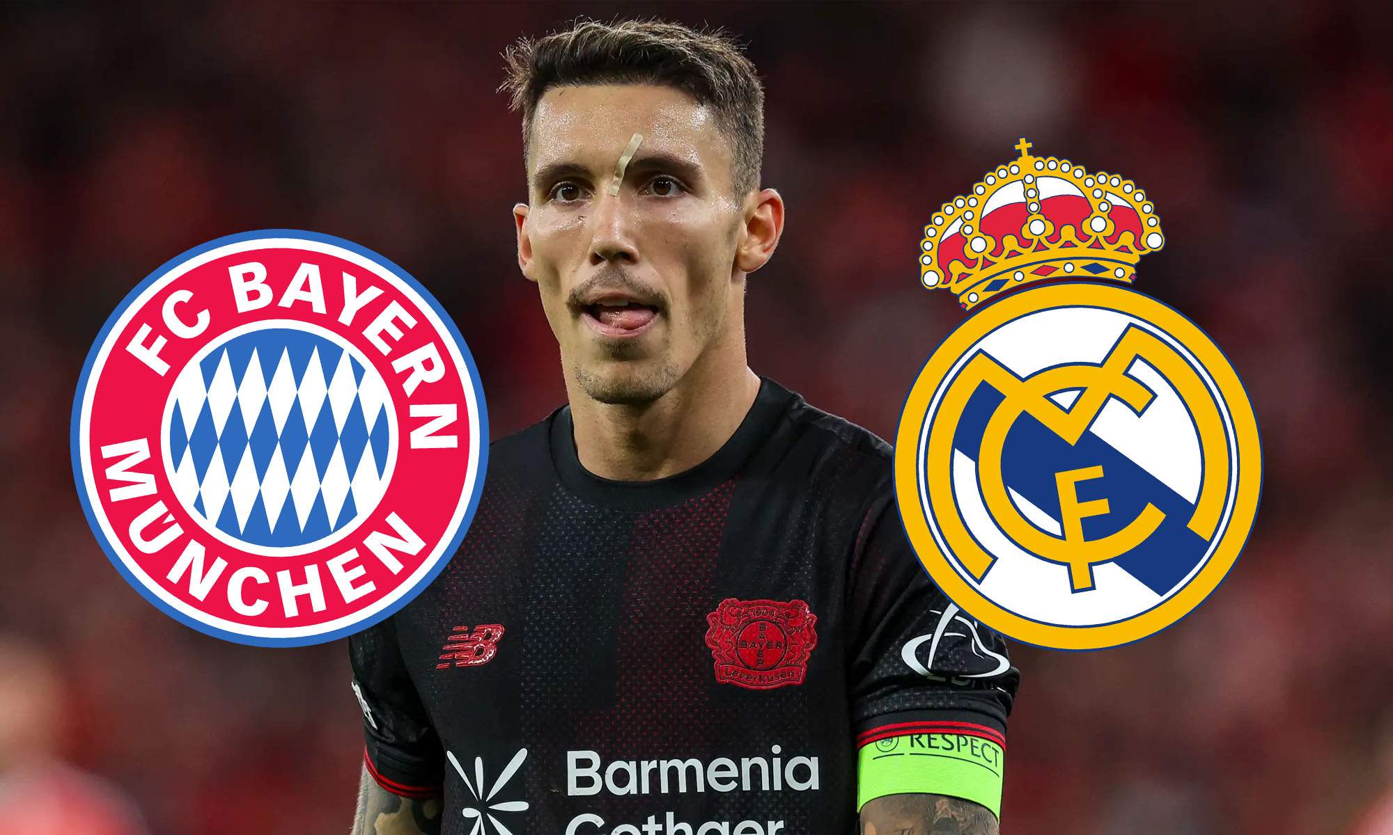 Grimaldo con escudos Real Madrid y Bayern