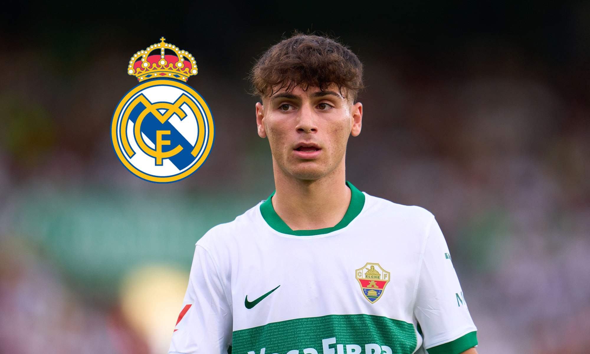 Rodrigo Mendoza jugando con el Elche y el escudo del Real Madrid.