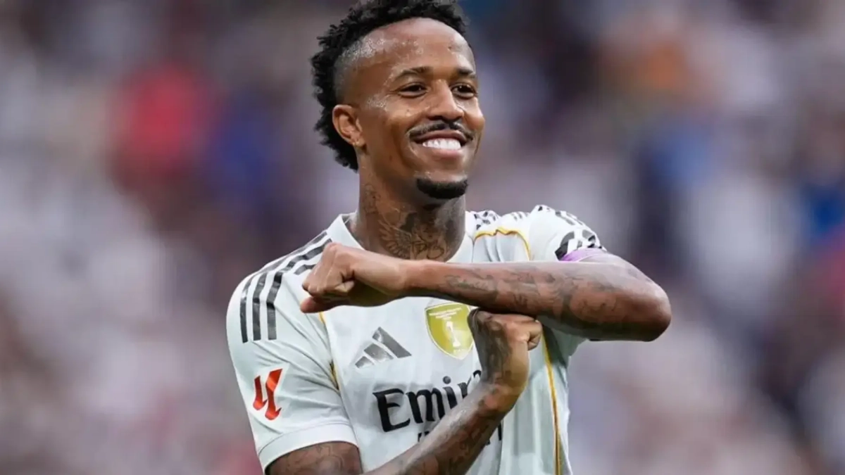 Eder Militao celebrando un gol con el Real Madrid en un partido. Eder Militao celebrando un gol con el Real Madrid en un partido.