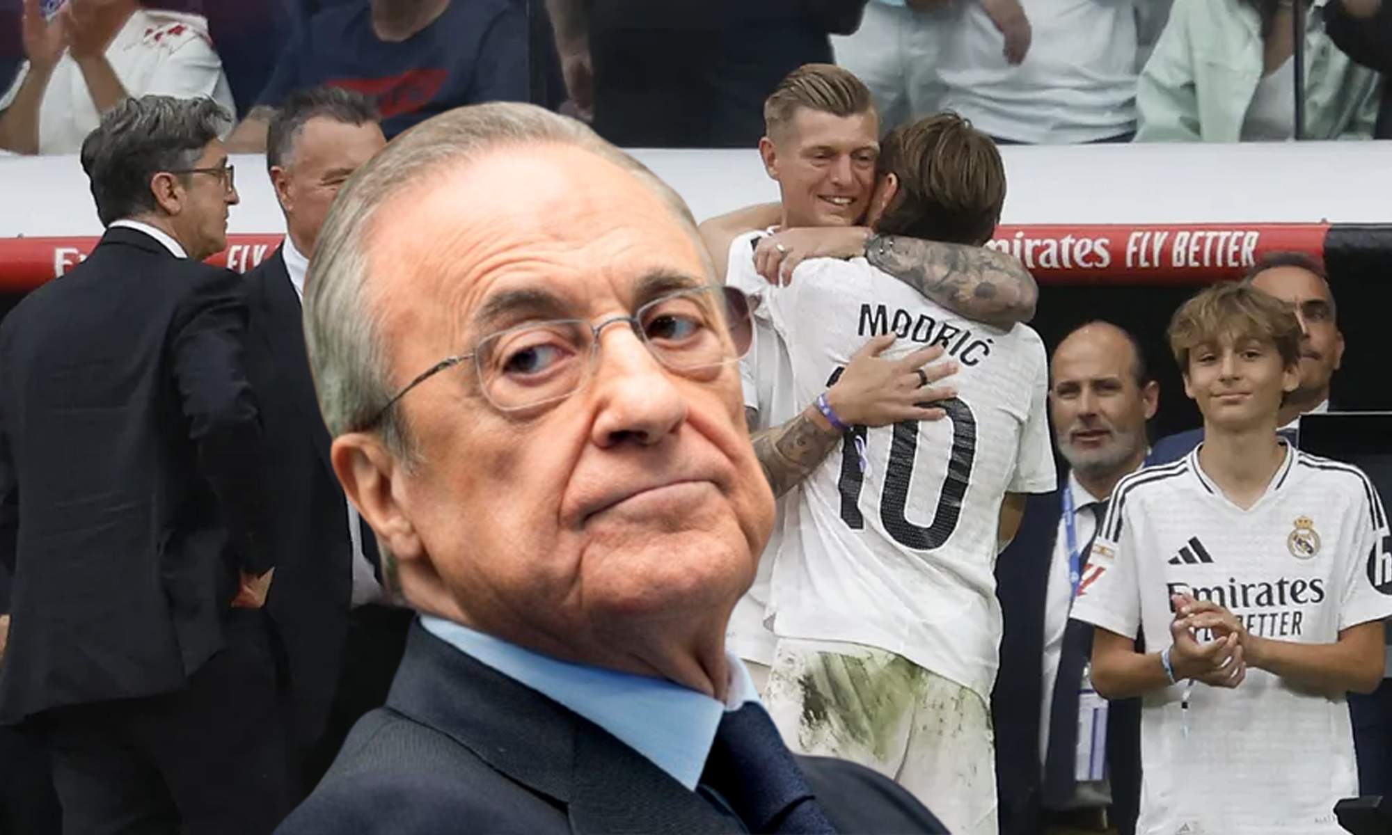 Florentino Pérez y una foto de Toni Kroos y Luka Modric.