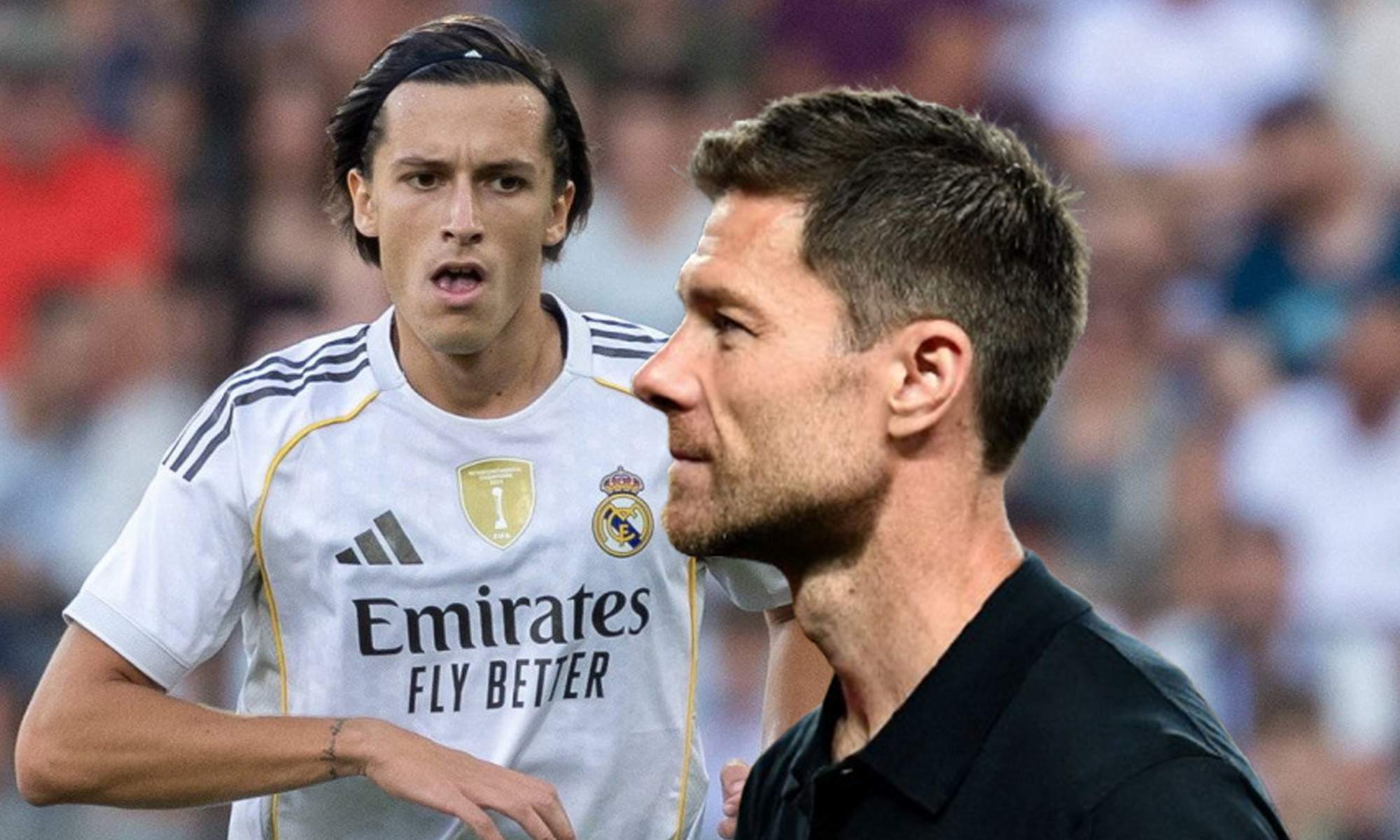 Xabi Alonso y una foto de Álvaro Carreras jugando un partido.