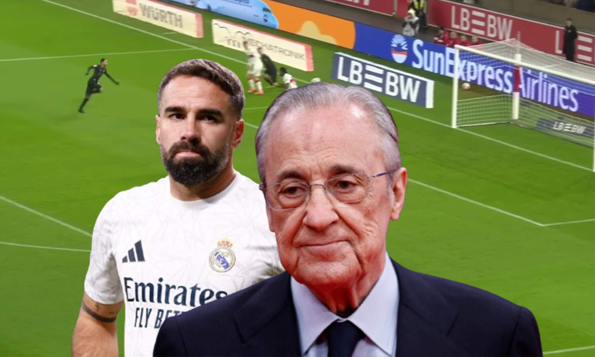 Florentino Pérez, Dani Carvajal y una captura de un partido del Stuttgart.