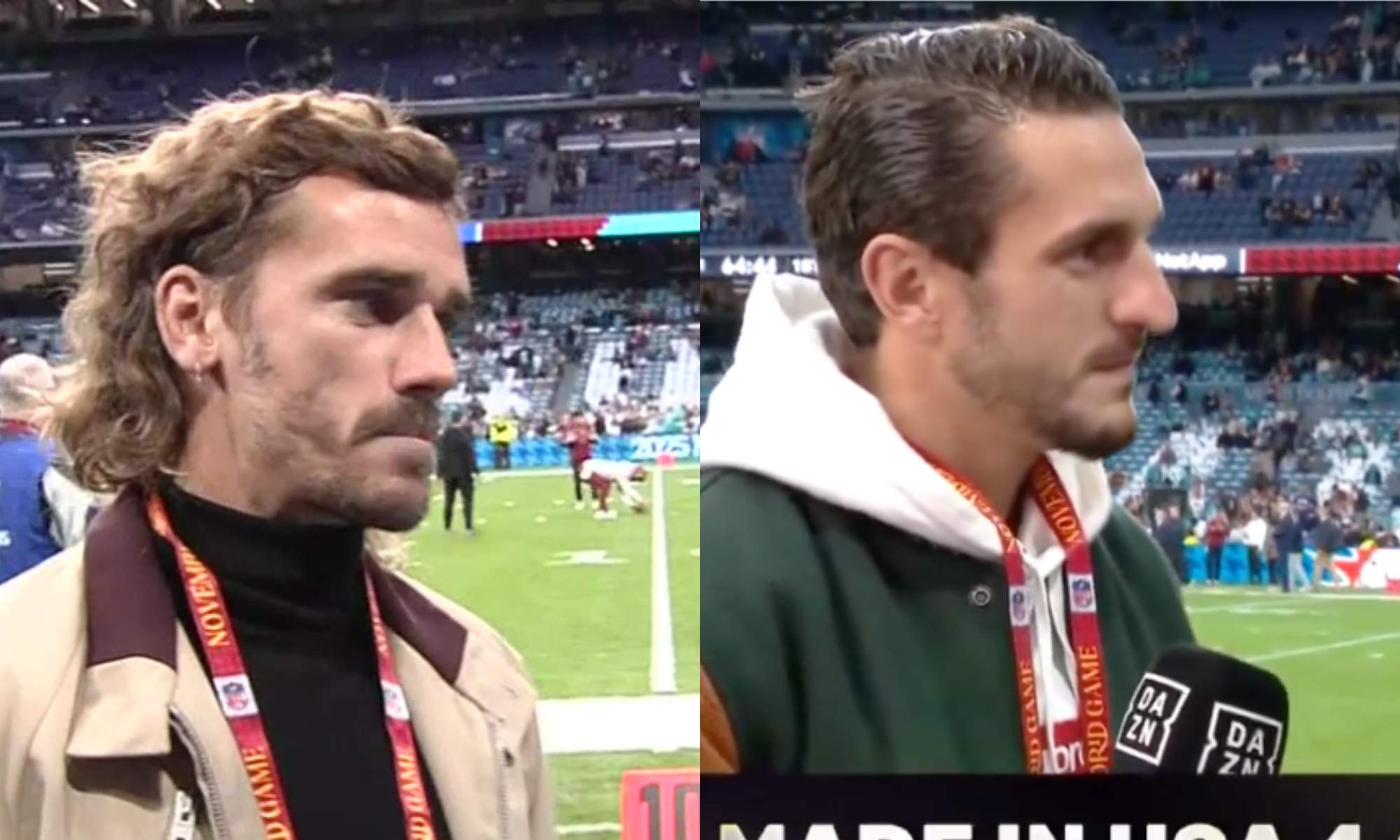 Antoine Griezmann y Koke no se han querido perder el partido de la NFL de esta tarde en el Santiago Bernabéu.