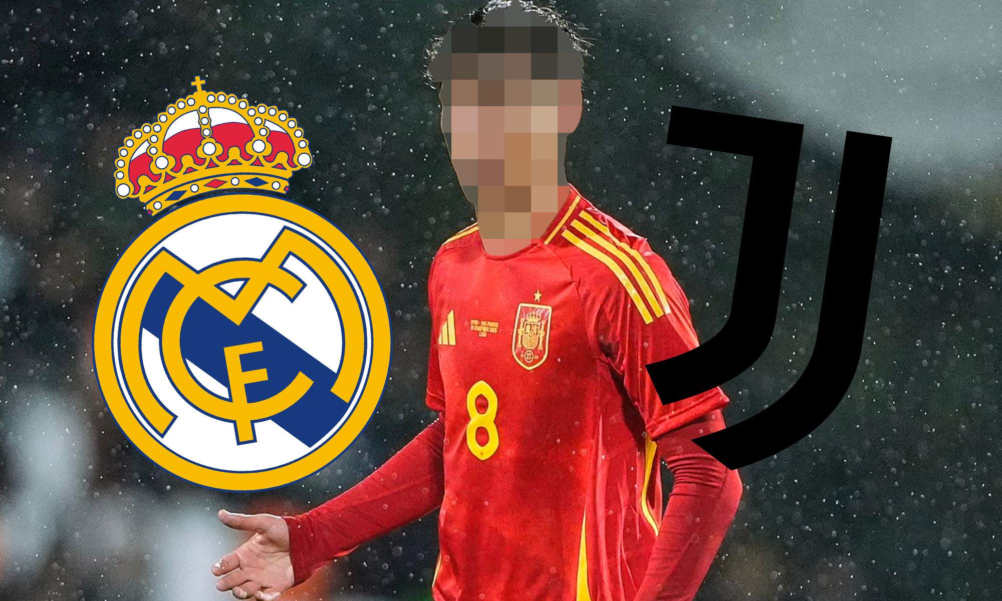 Jugador incognito con escudo Real Madrid y Juventu