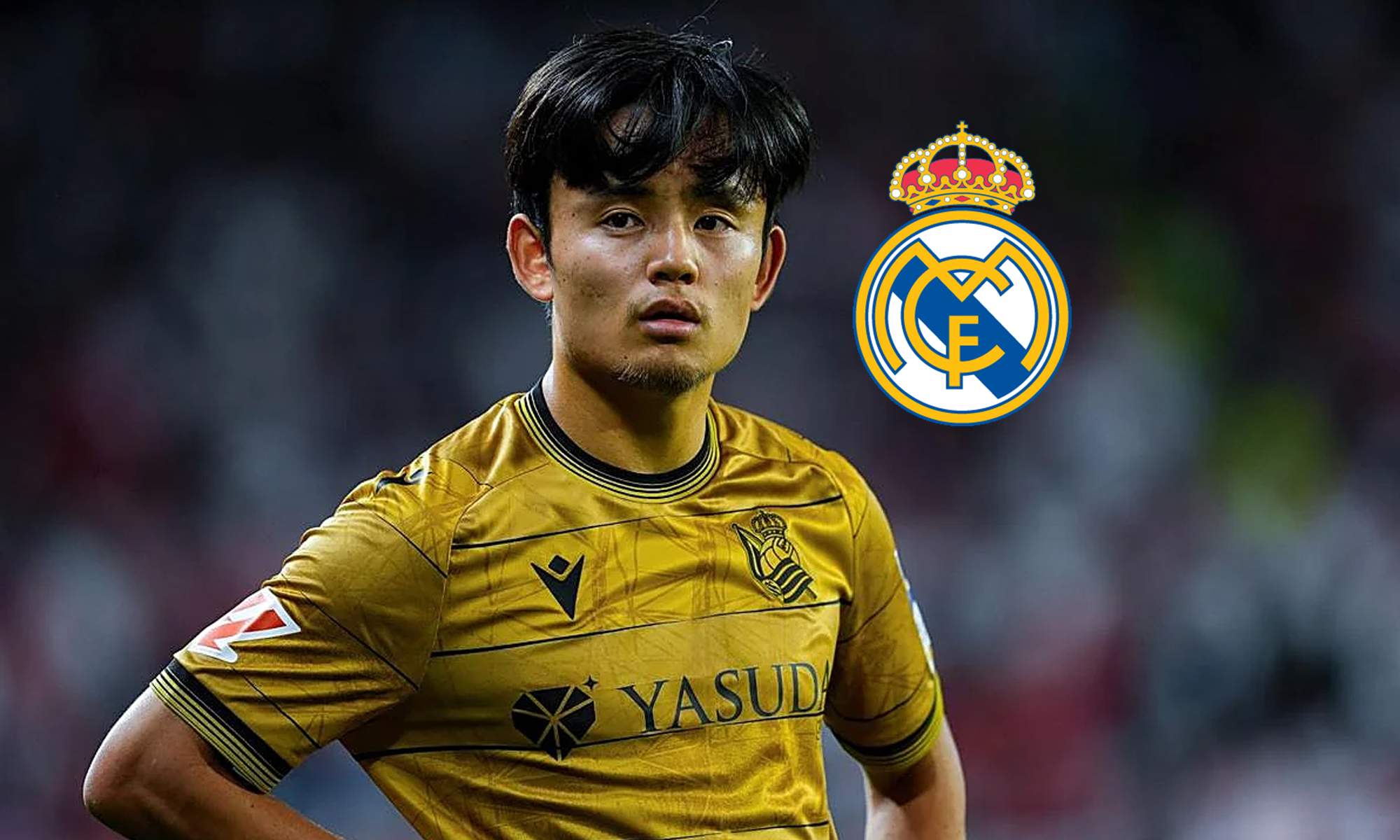 Take Kubo jugando un partido con la Real Sociedad y el escudo del Real Madrid.