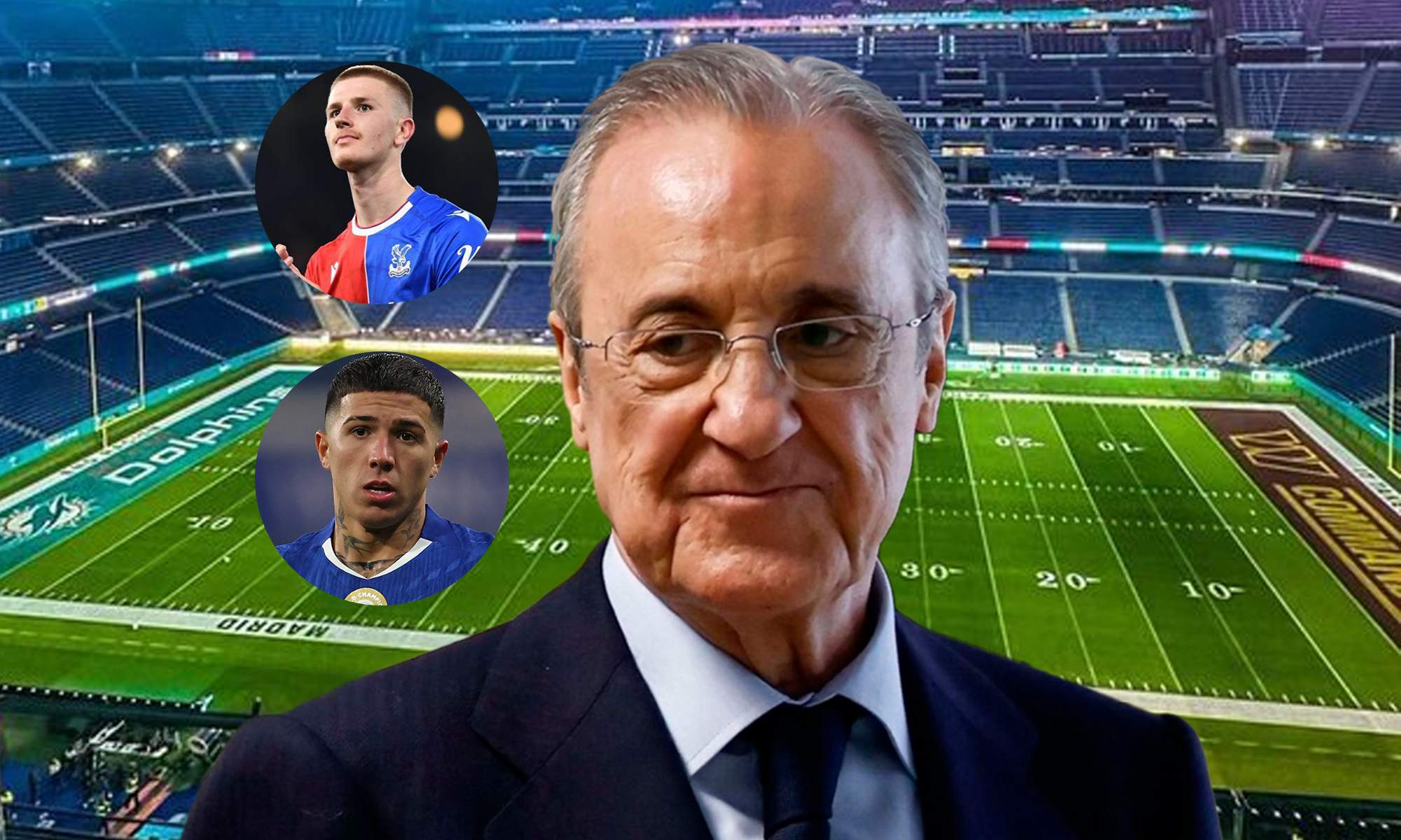 Florentino Pérez y una foto de Adam Wharton y Enzo Fernández.