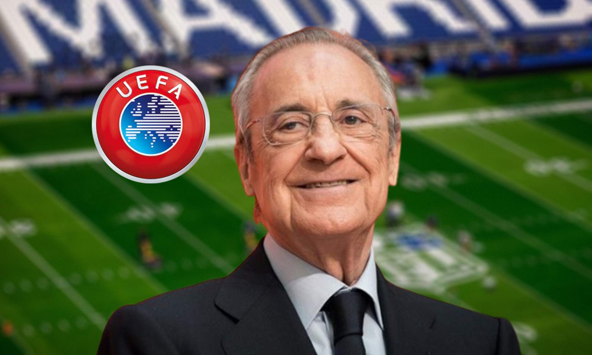 Florentino Pérez, el logo de la UEFA y el Santiago Bernabéu.