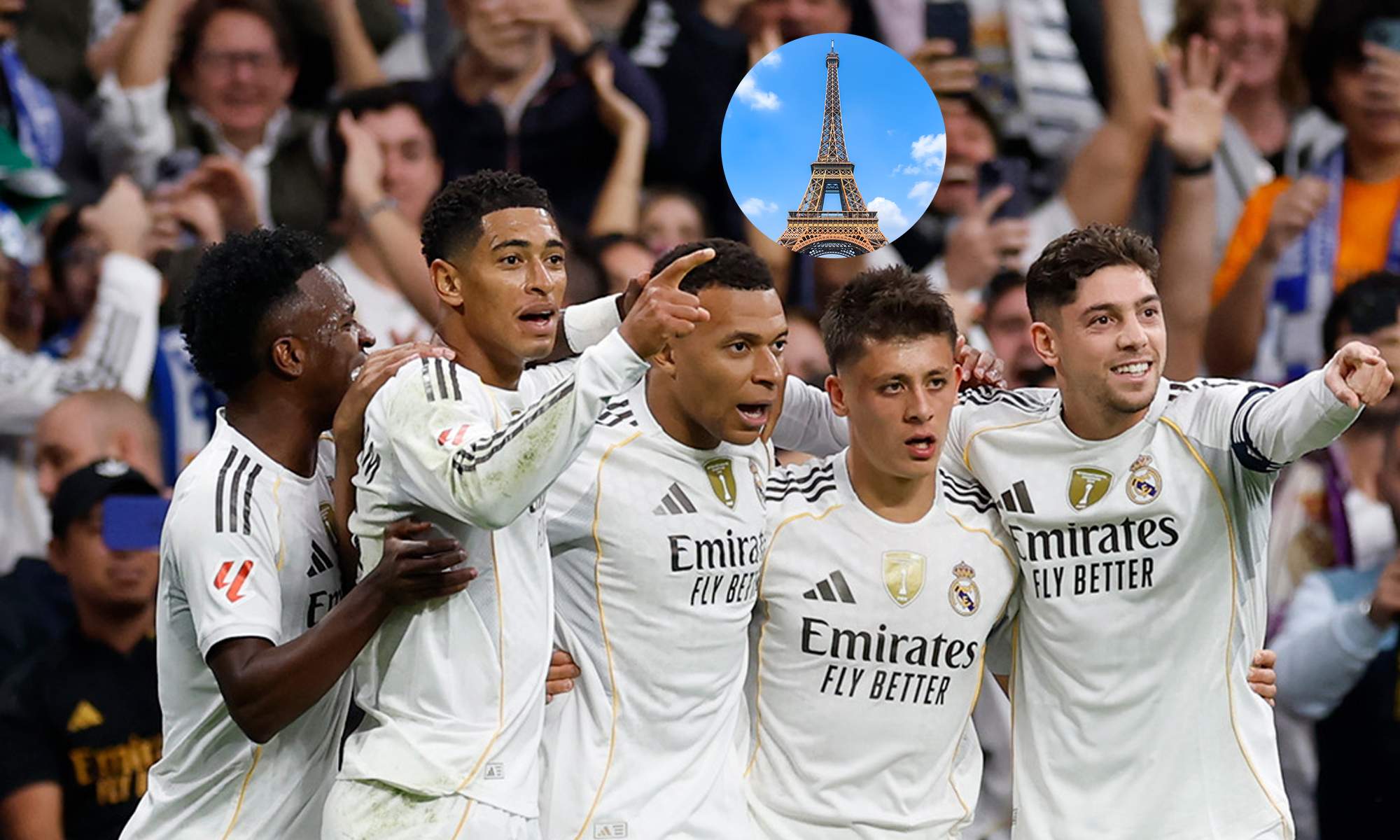 Jugadores del Real Madrid celebrando un gol y una foto de la Torre Eiffel.