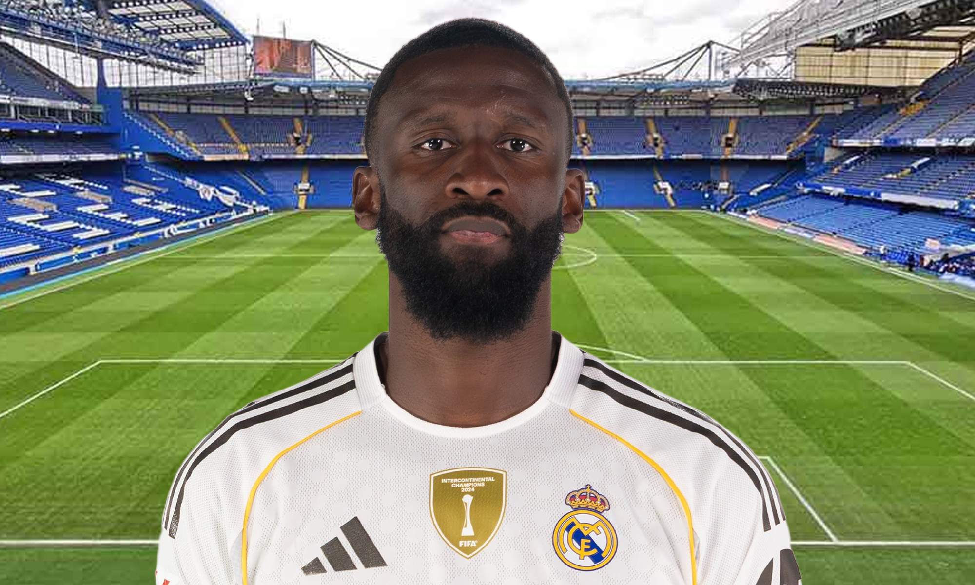 Antonio Rüdiger con la camiseta del Real Madrid y Stamford Bridge, el estadio del Chelsea. 