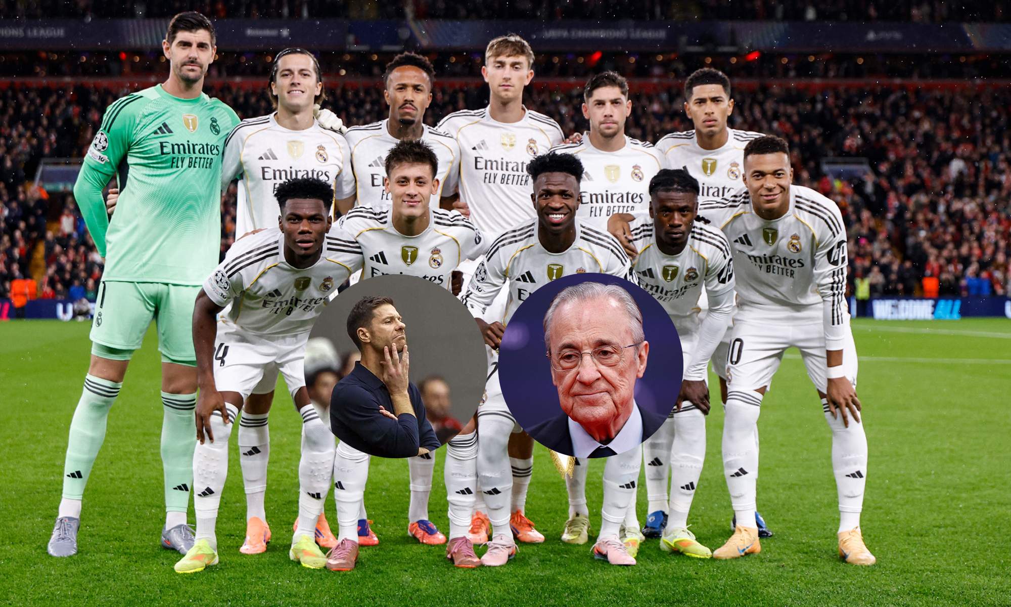 Xabi Alonso, Florentino Pérez y un once del Real Madrid en un partido. 