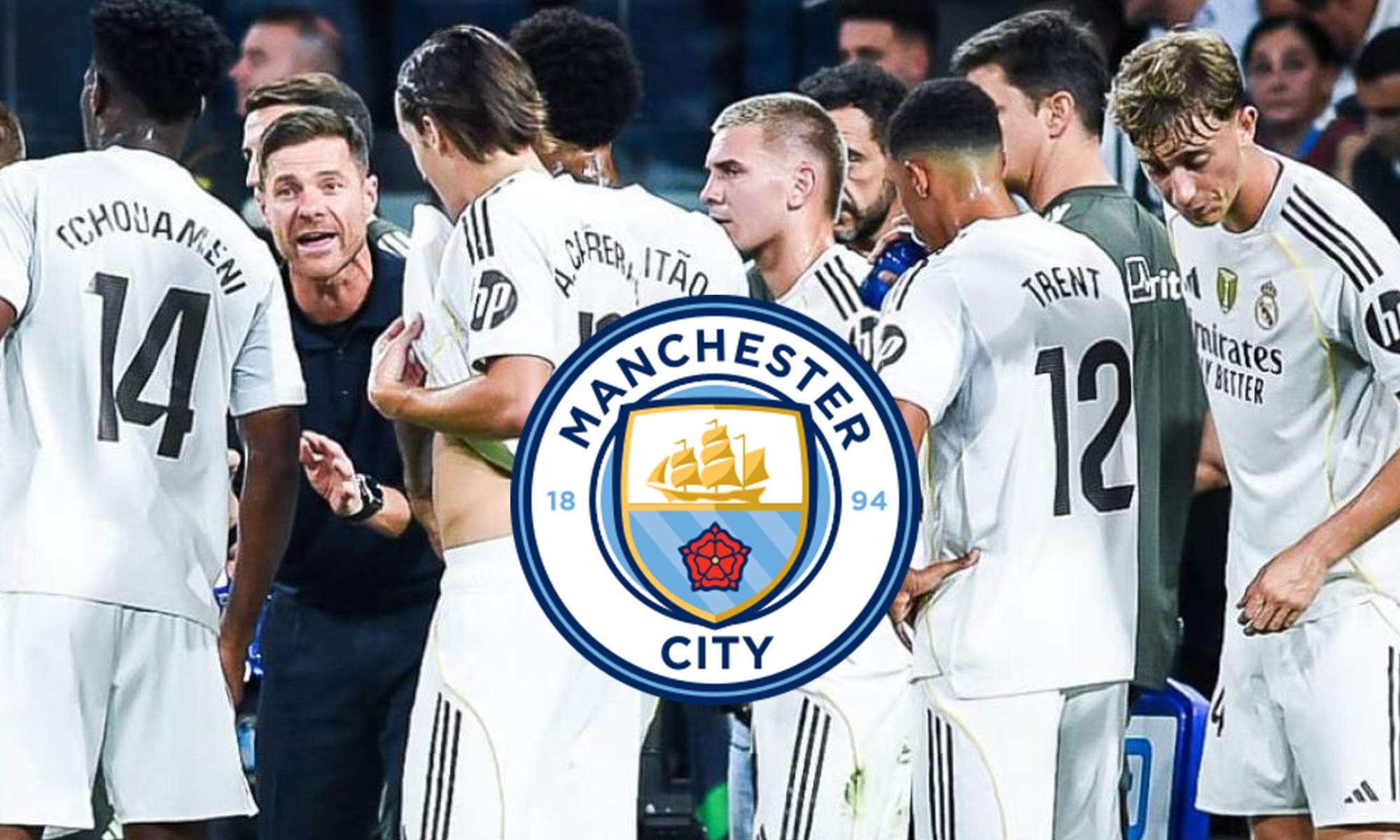 Jugadores del Real Madrid y un escudo del Manchester City. 