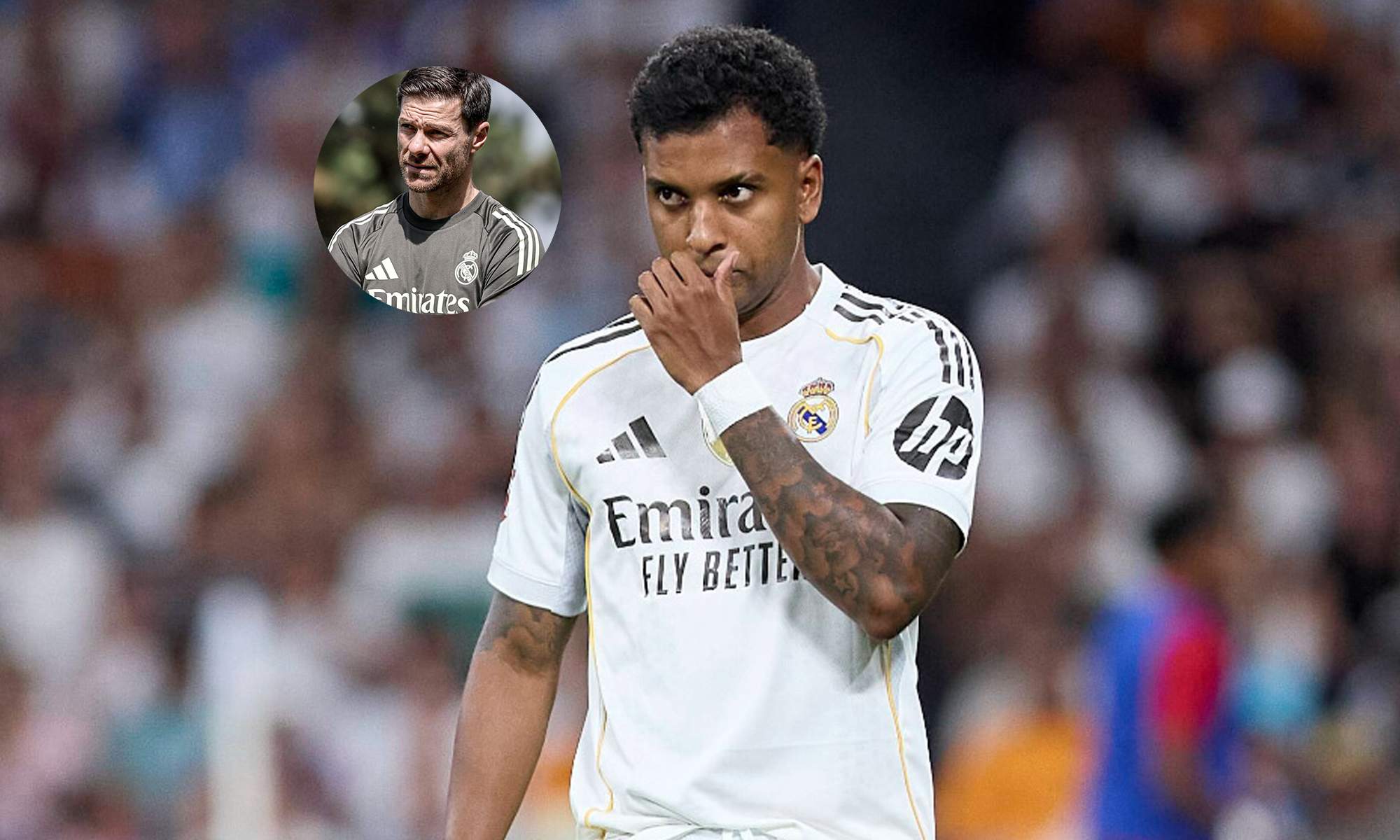 Rodrygo Goes jugando con el Real Madrid y una foto de Xabi Alonso.