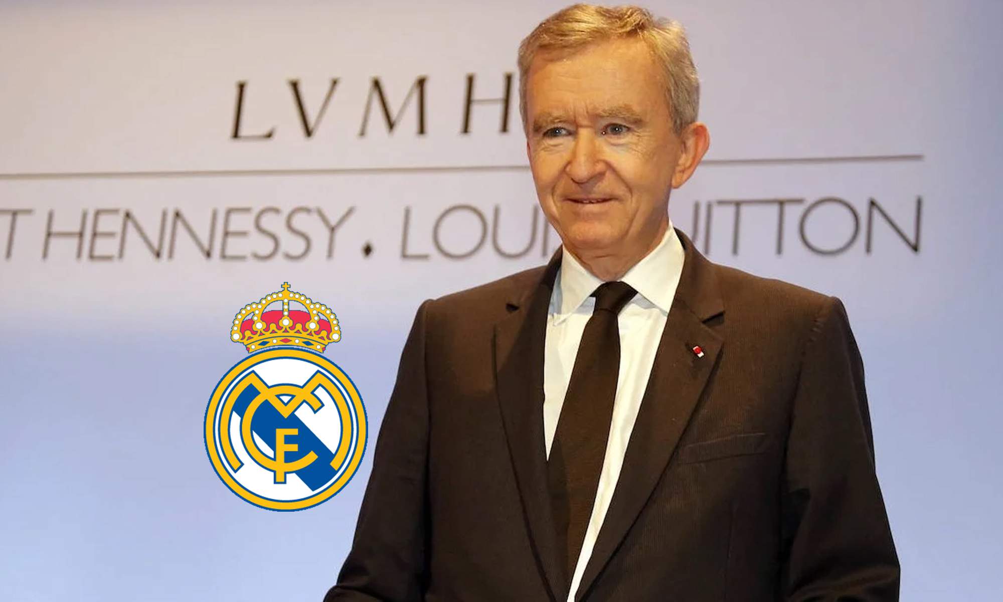  Bernard Arnault, presidente de Louis Vuitton, y el escudo del Real Madrid.