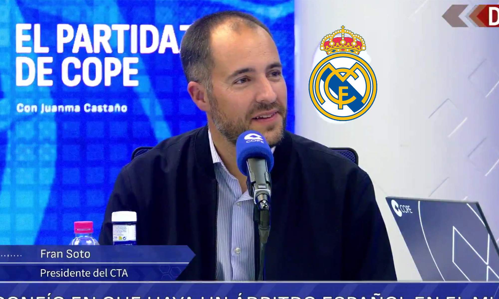 Fran Soto en El Partidazo de COPE y el escudo del Real Madrid.