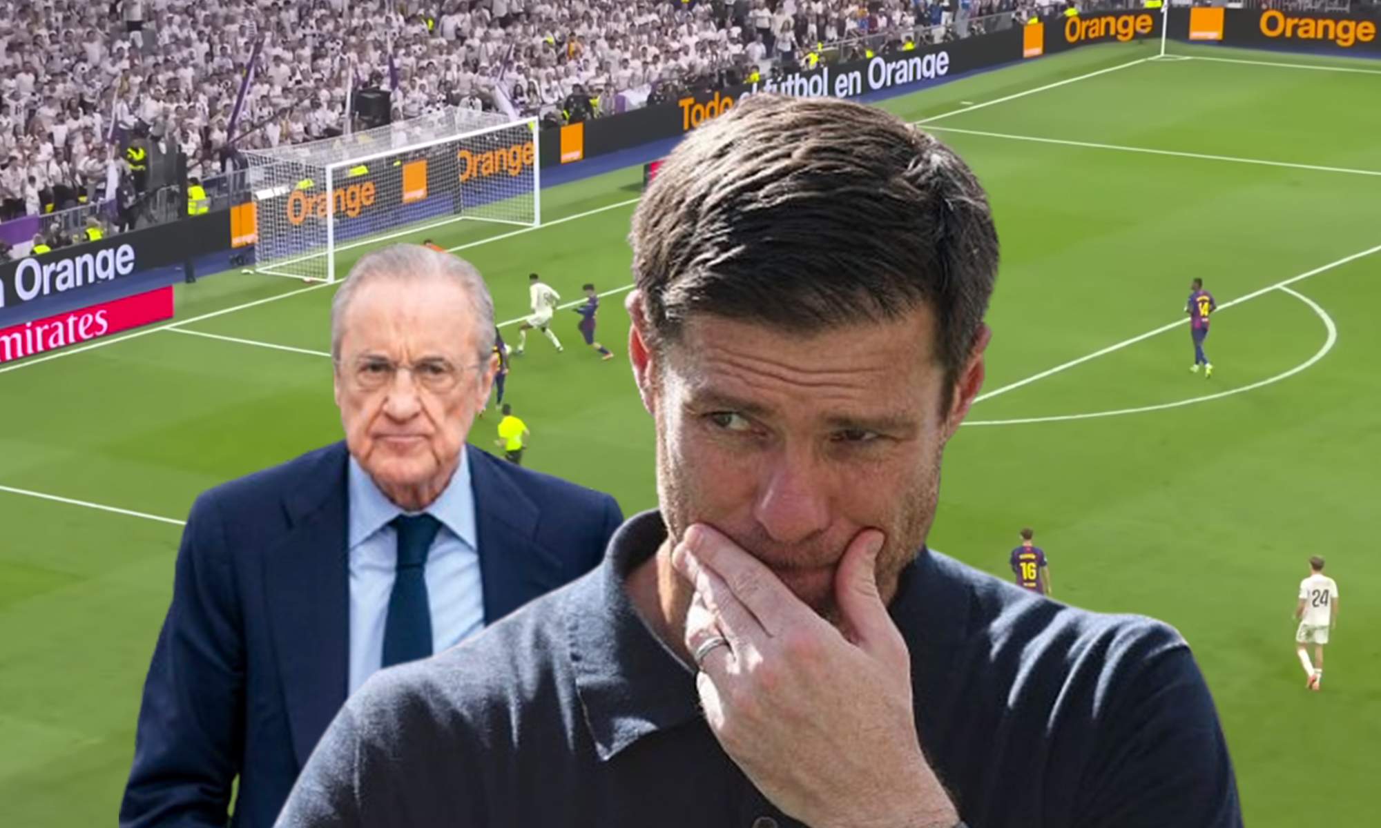 Xabi Alonso, Florentino Pérez y una captura del Real Madrid - Barcelona.