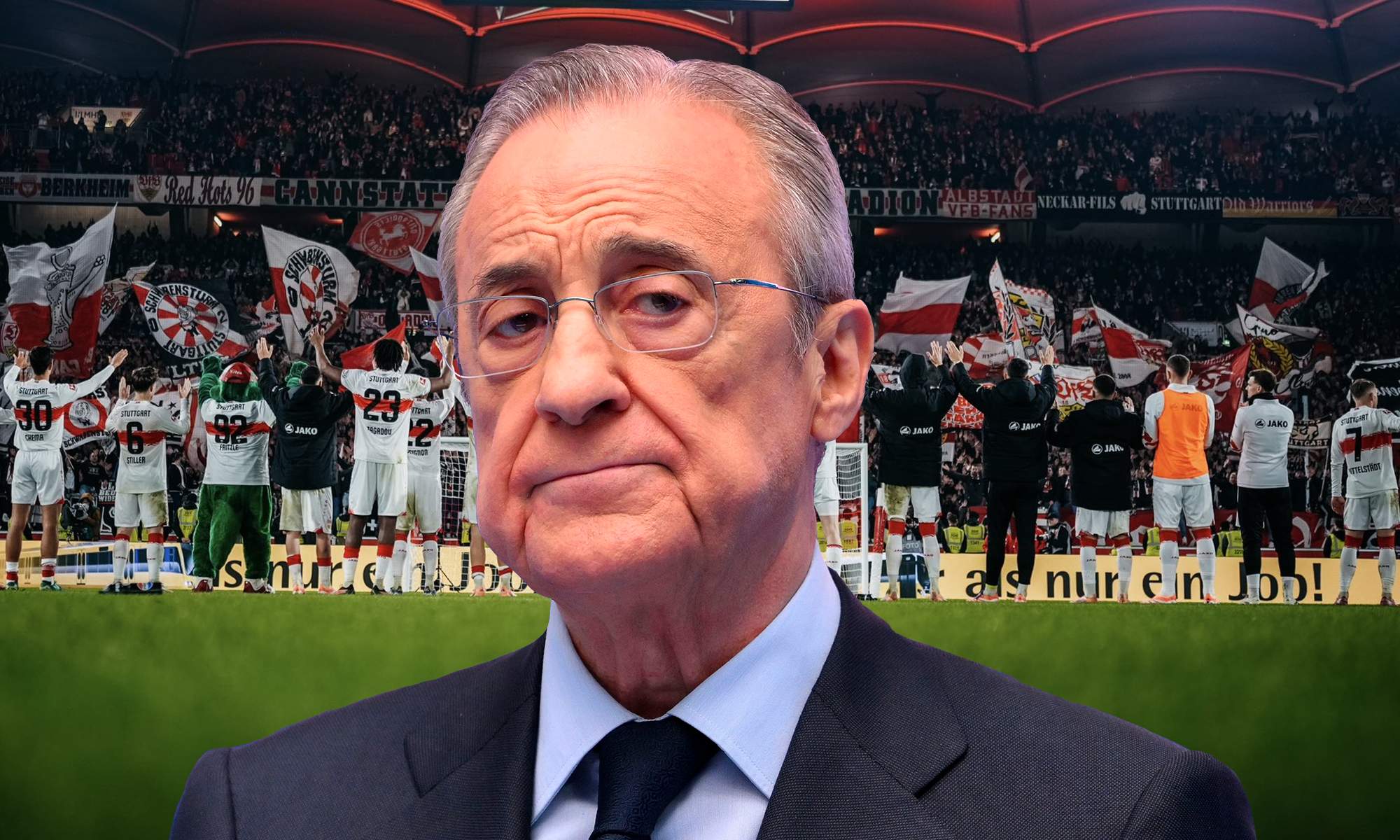 Florentino Pérez y una foto de la plantilla del Stuttgart.