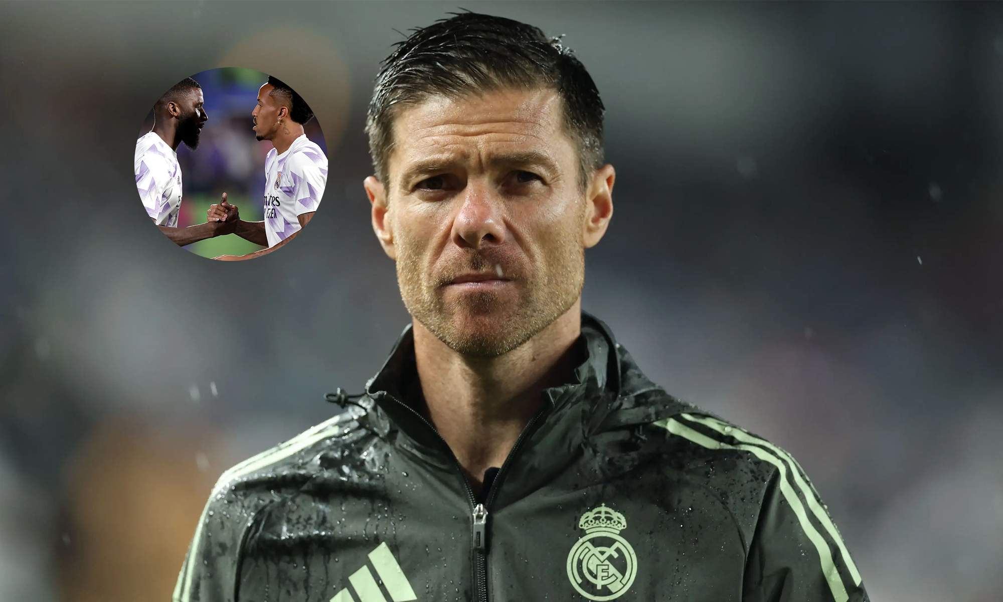 Xabi Alonso y una foto de Antonio Rüdiger y Eder Militao. 